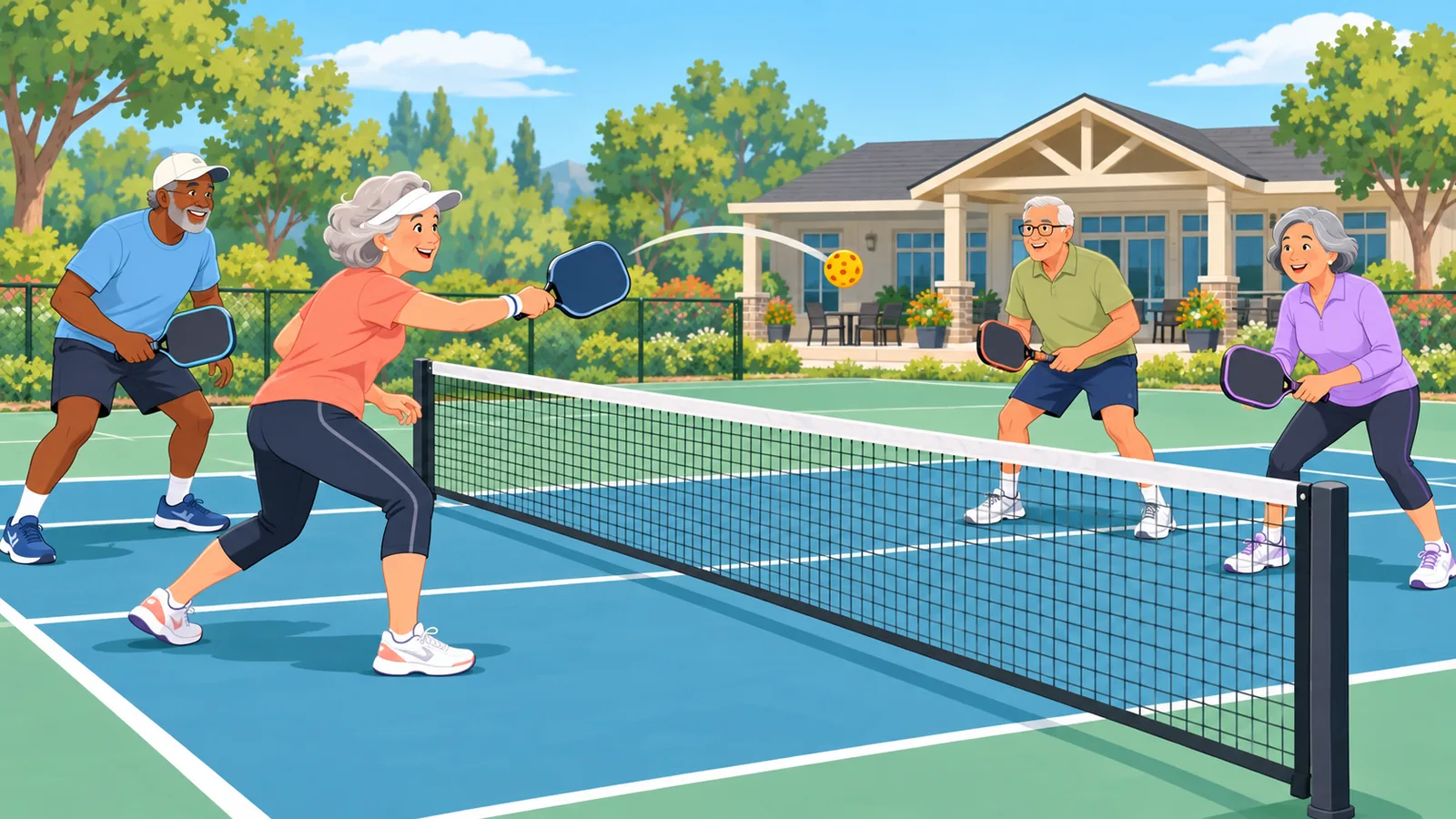 Grupa seniorów grająca w pickleball na osiedlowym korcie
