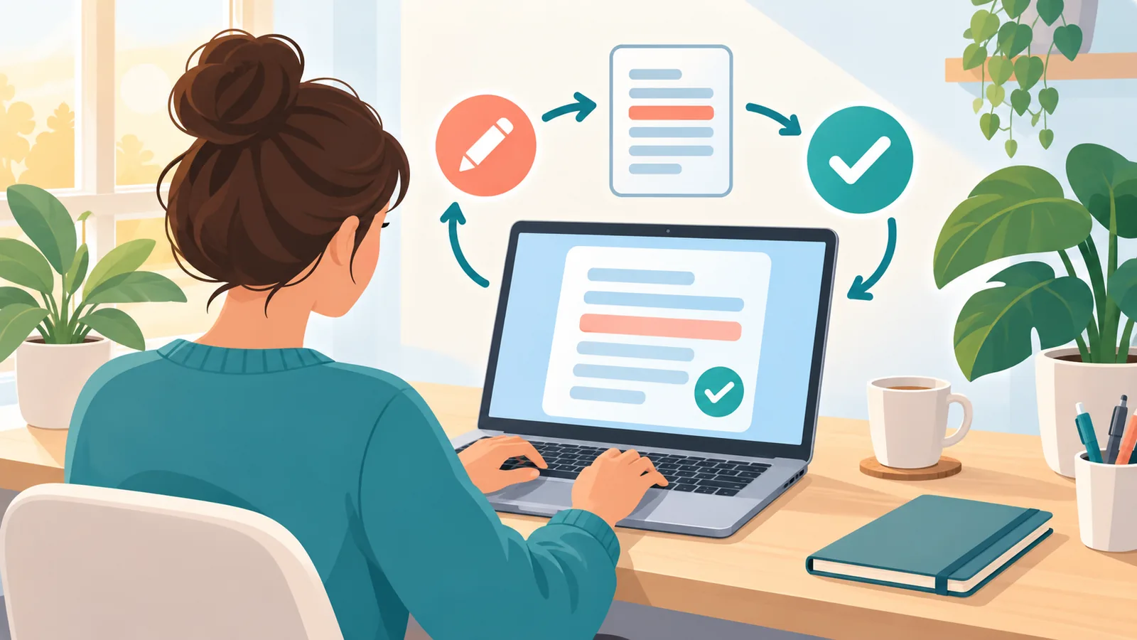Freelancer pracujący z laptopem nad tekstem w domowym biurze