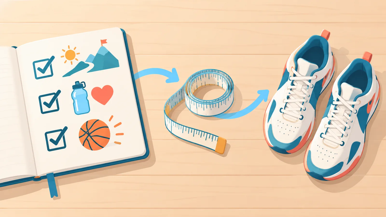 Notes z listą kontrolną, taśma miernicza i buty do koszykówki na biurku