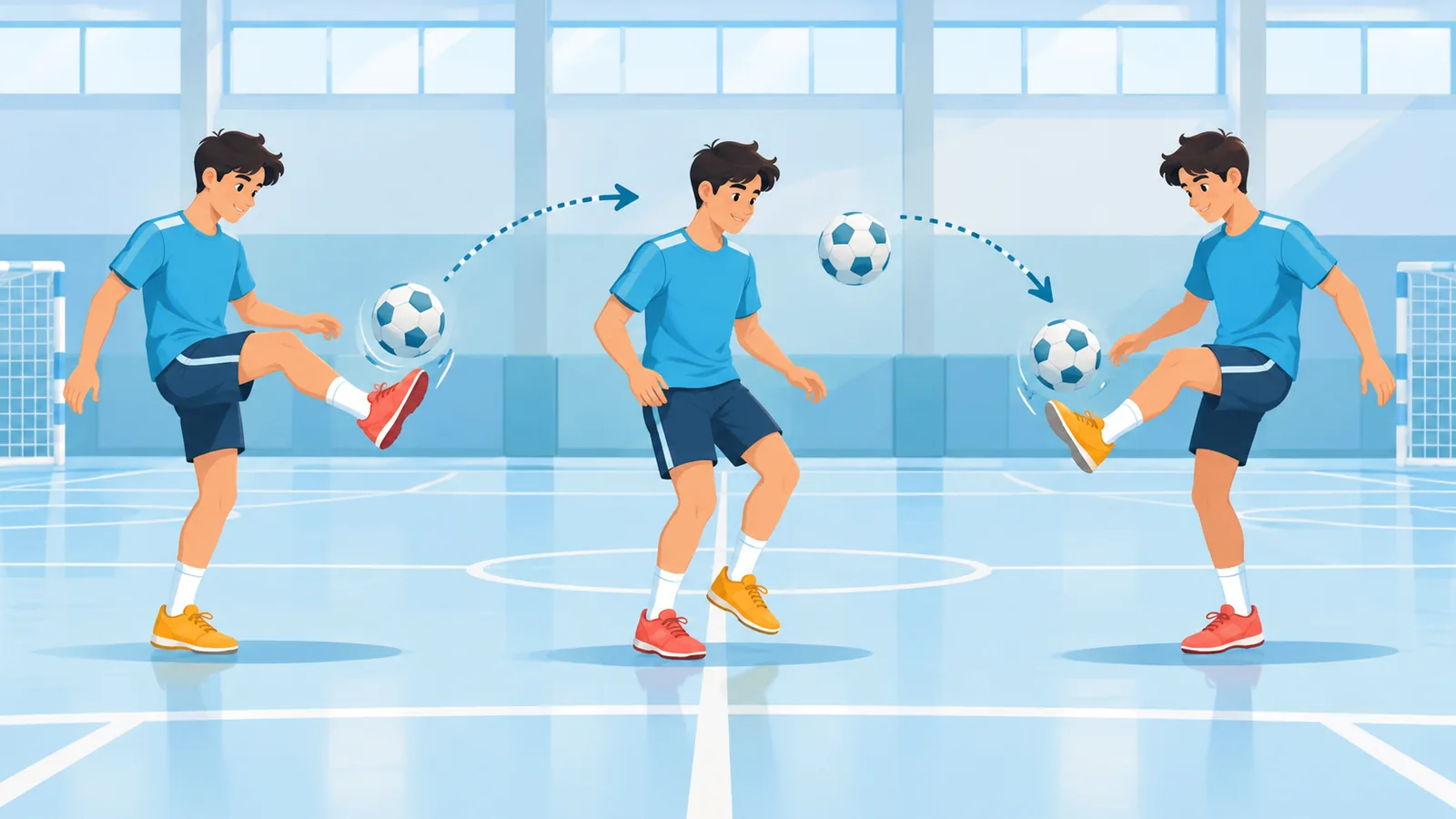 Zawodnik naprzemiennie dotykający piłki prawą i lewą nogą w hali sportowej