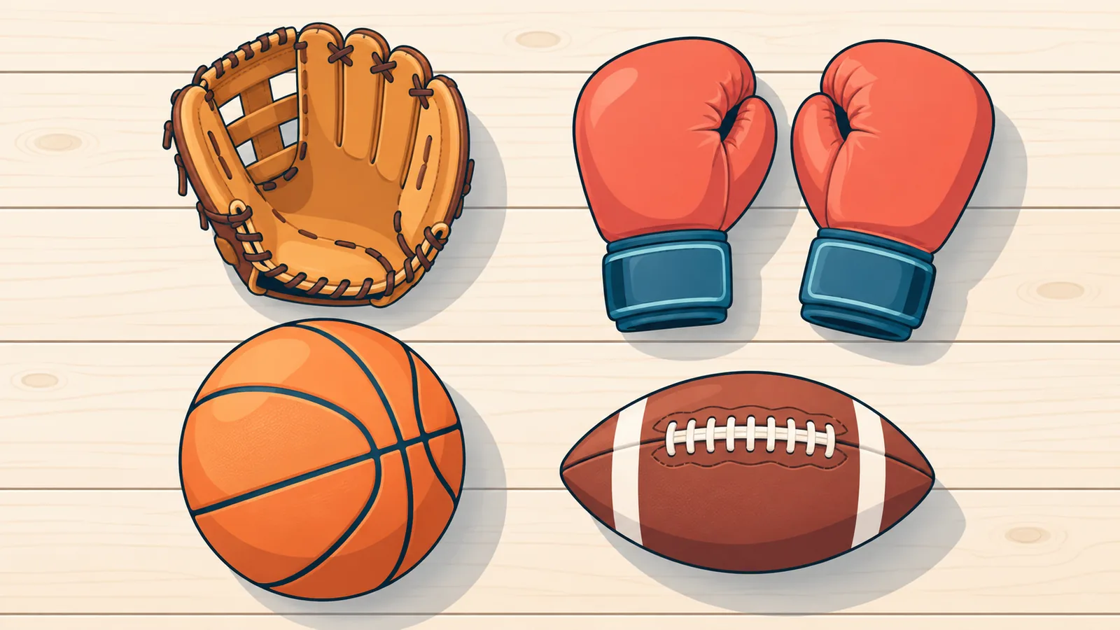 Rękawica baseballowa, rękawice bokserskie i piłki na drewnianym stole
