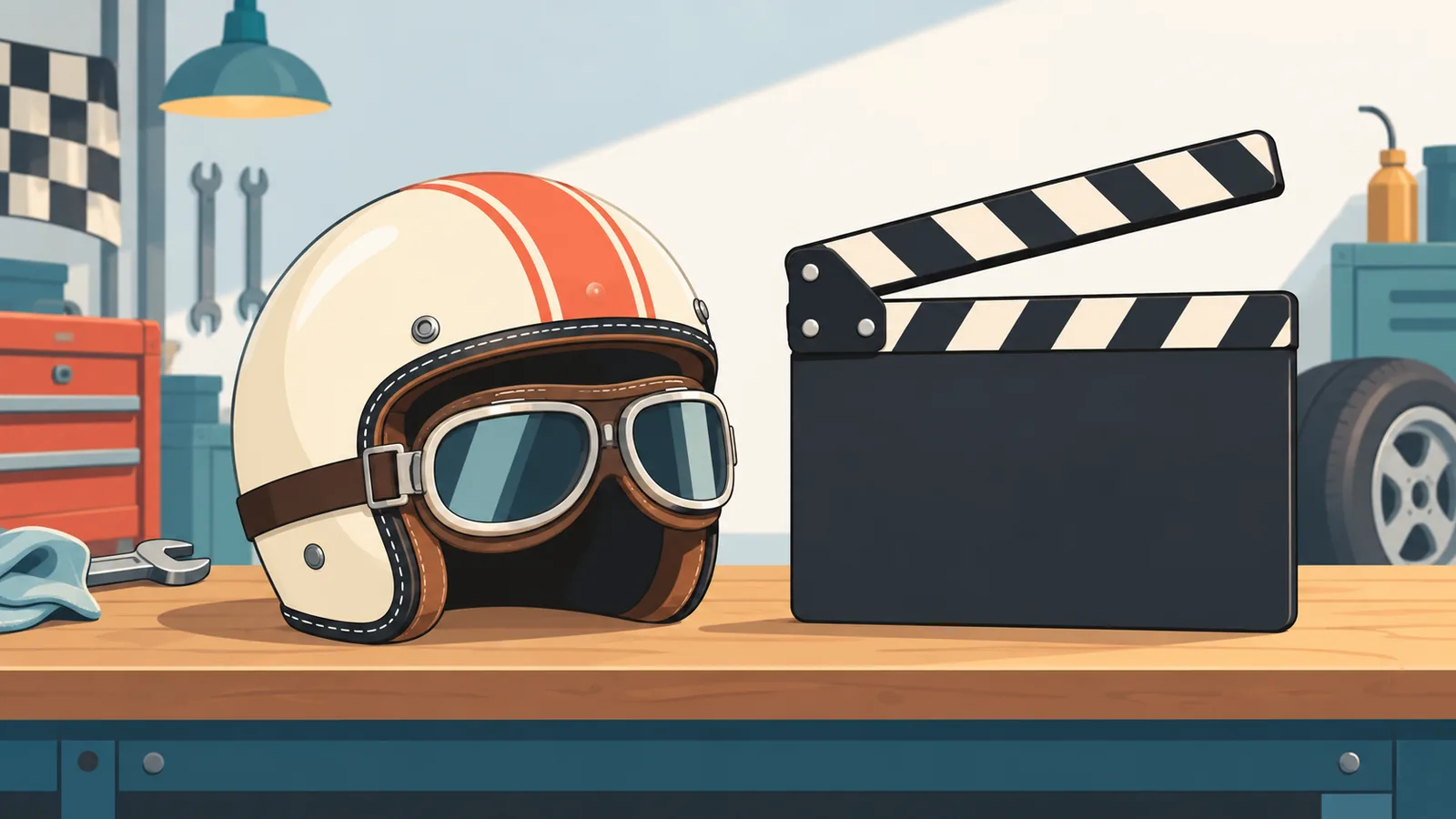 Zabytkowy kask wyścigowy obok klapsa filmowego w garażu