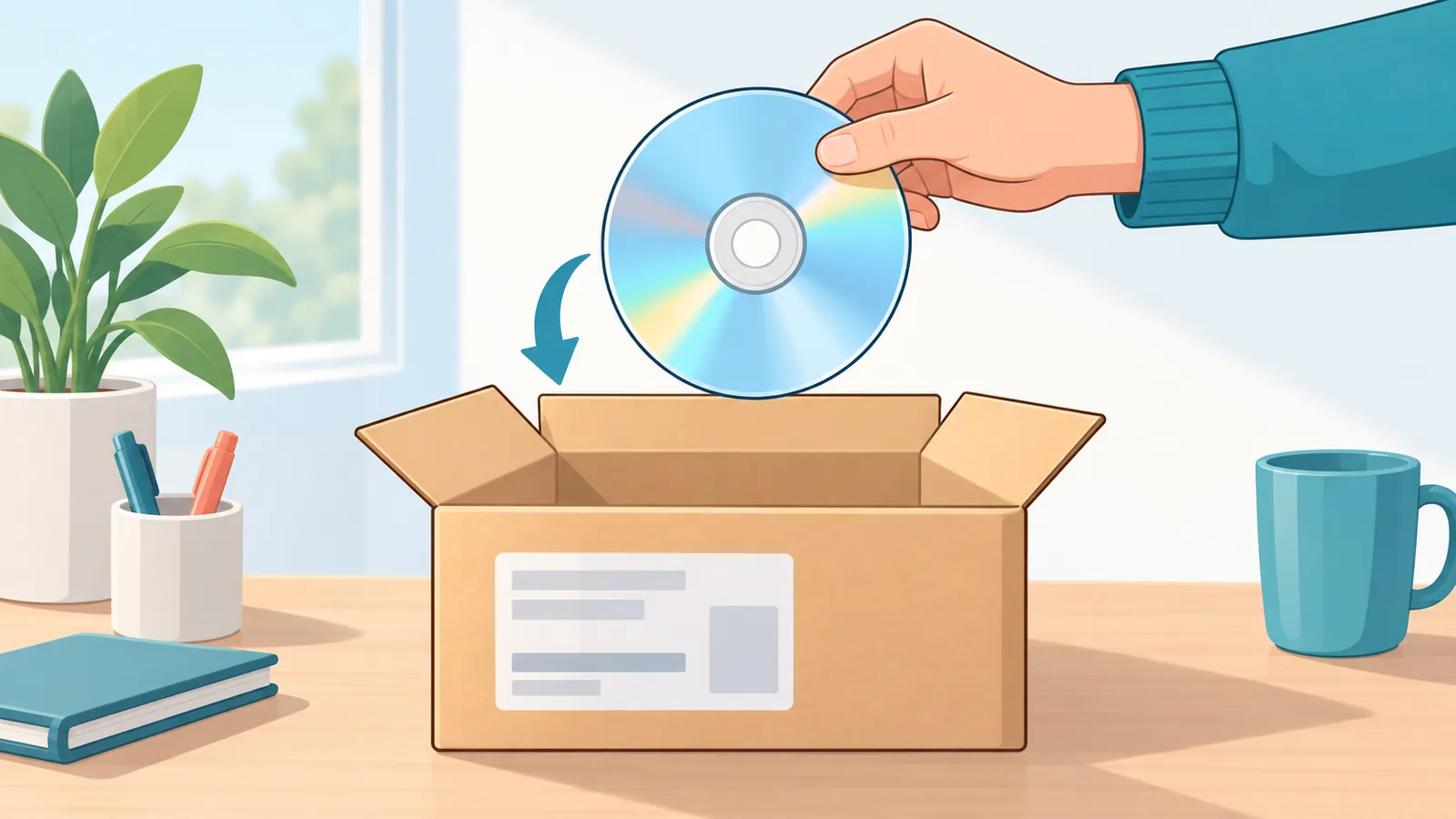 Dłoń trzymająca płytę Blu-ray nad paczką z zamazaną etykietą