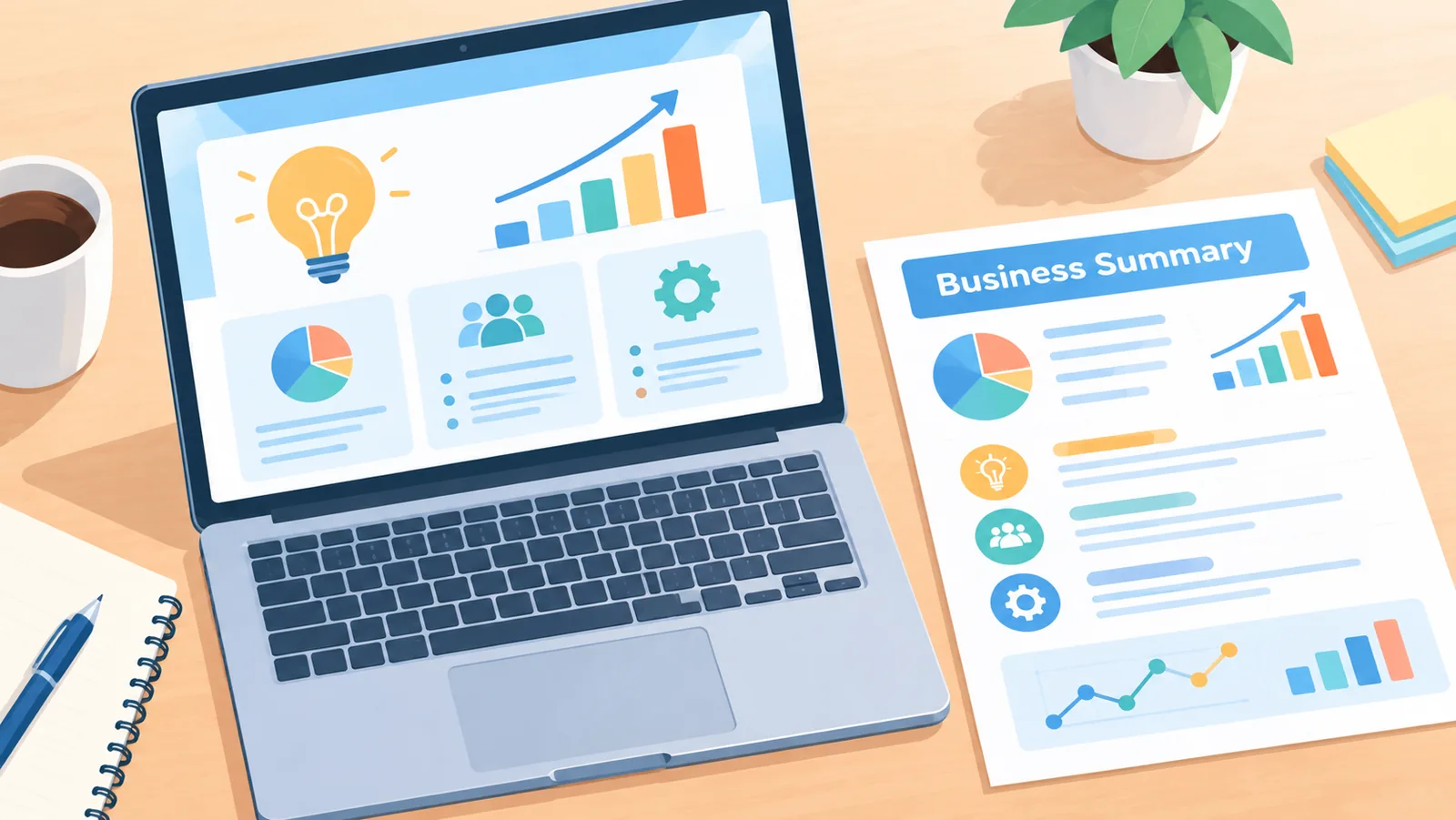 Pitch deck na ekranie i jednostronicowe podsumowanie biznesu