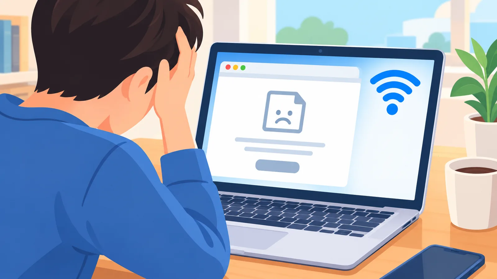 Laptop z ikoną Wi-Fi, na którym strona internetowa się nie ładuje