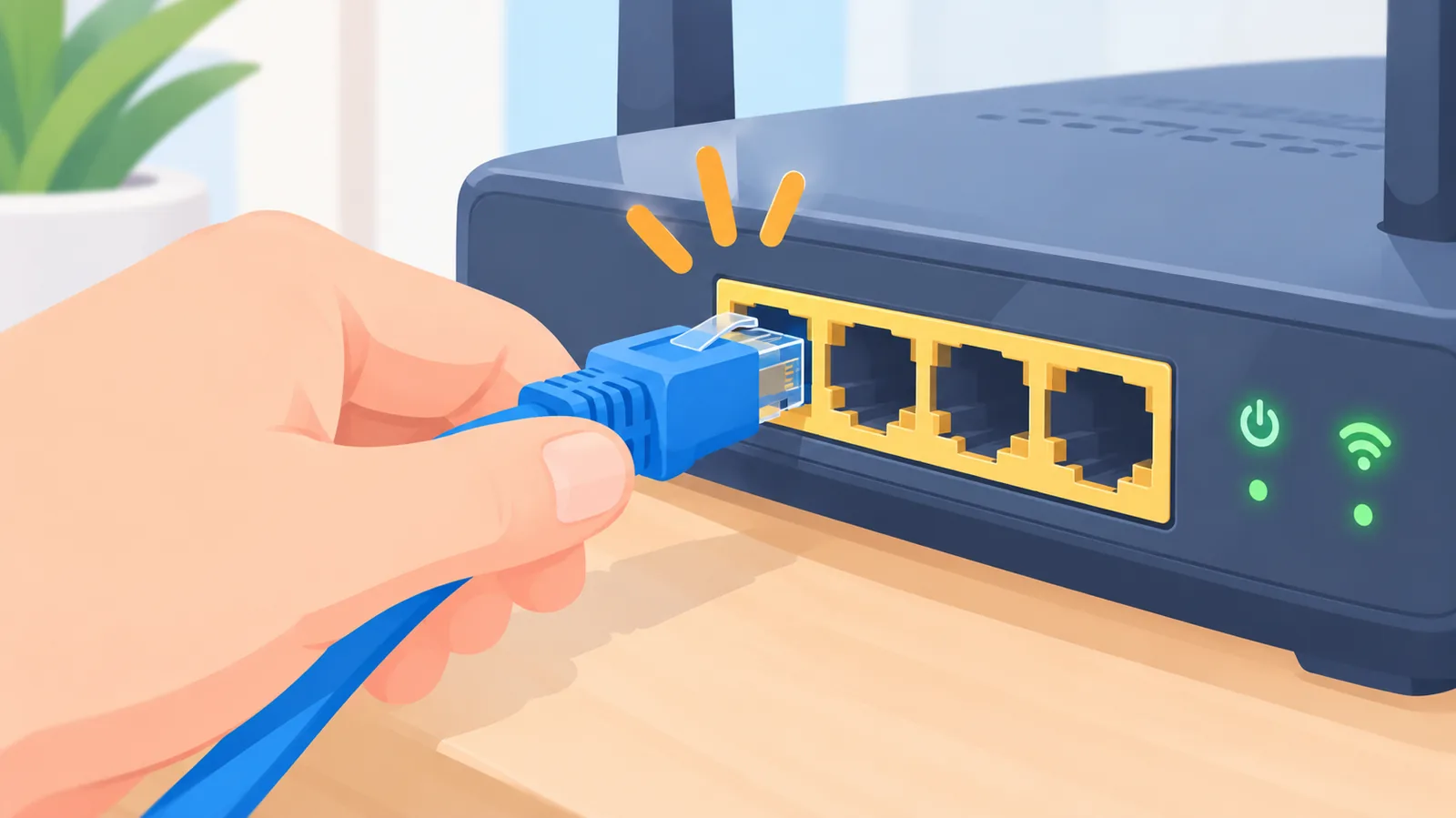 Kabel Ethernet wpięty w port routera