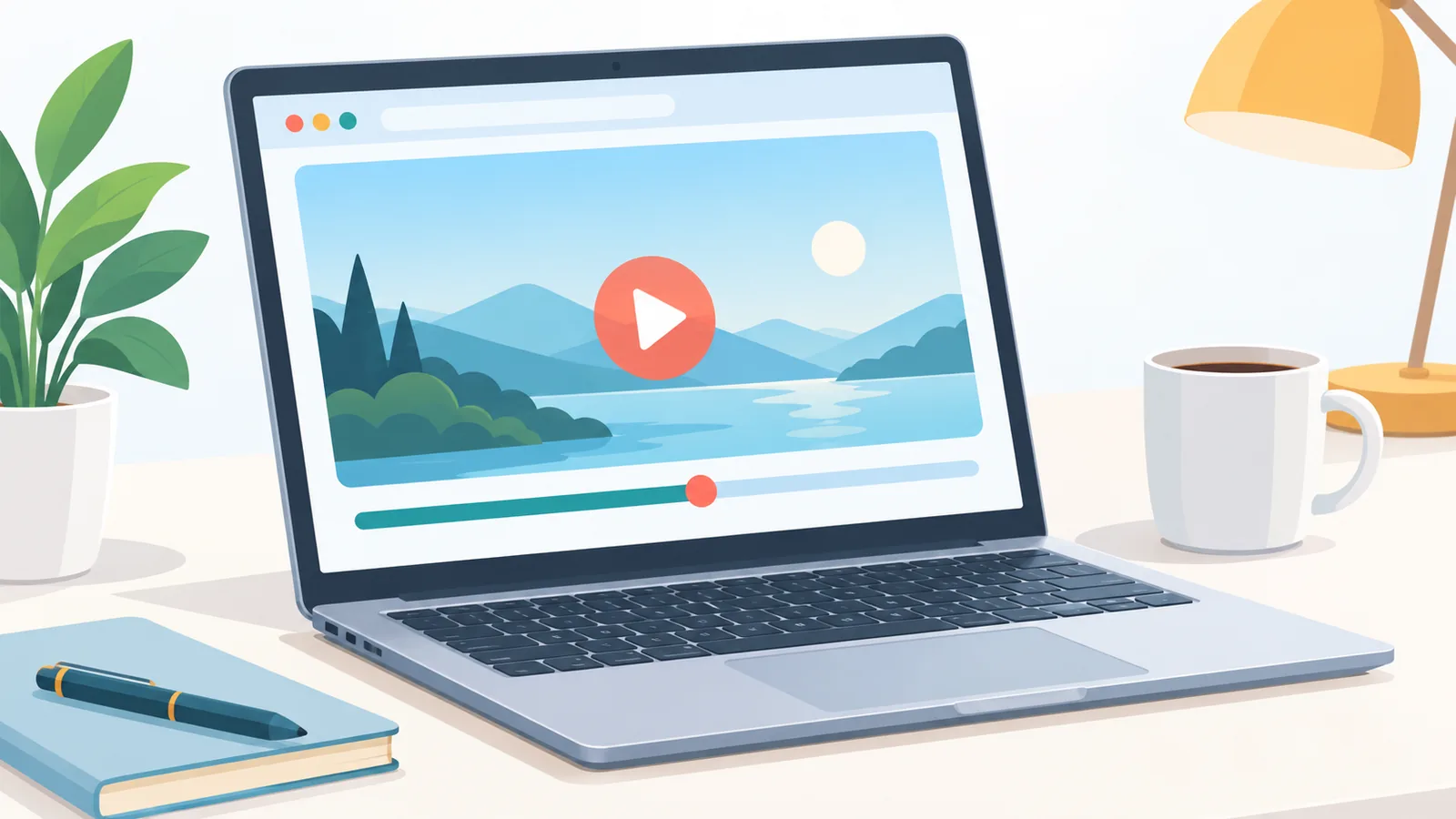 Laptop z podglądem filmu w przeglądarce na biurku