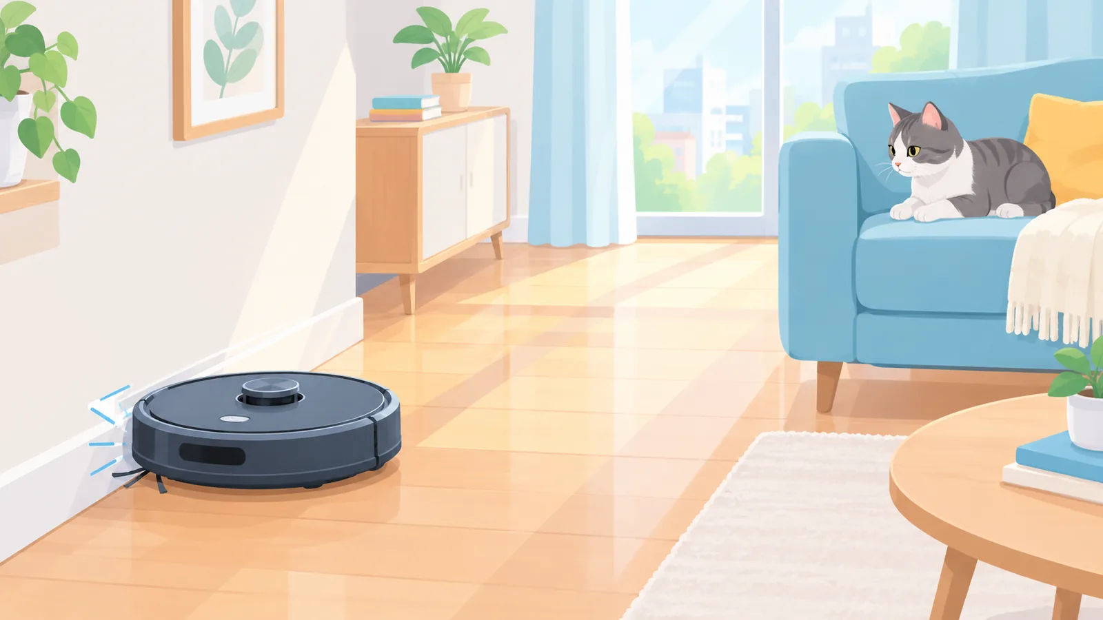 Robot sprzątający z ramieniem przenoszący zabawkę psa na podłodze