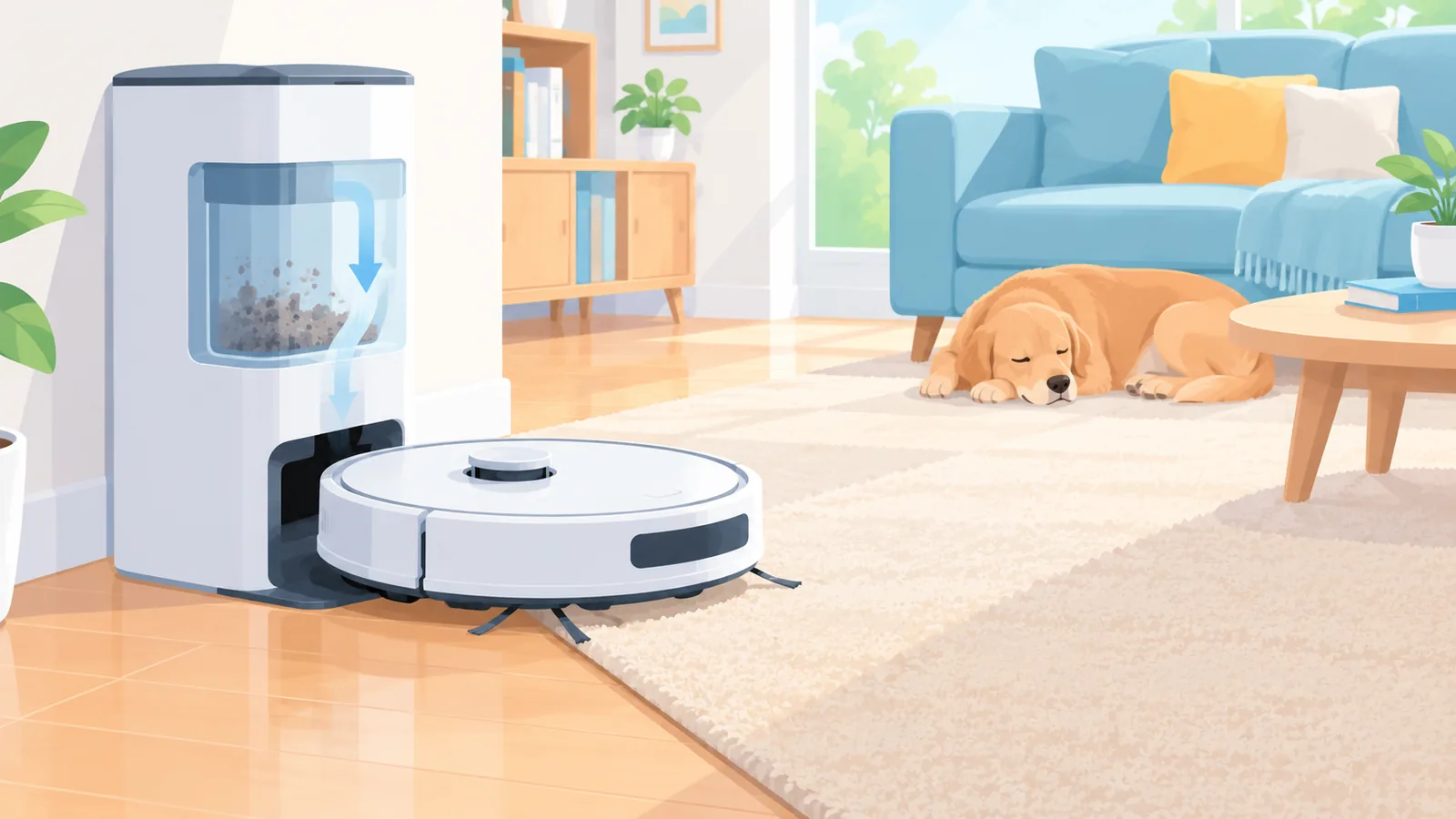 Kompaktowy robot sprzątający przy listwie przypodłogowej i kot na sofie
