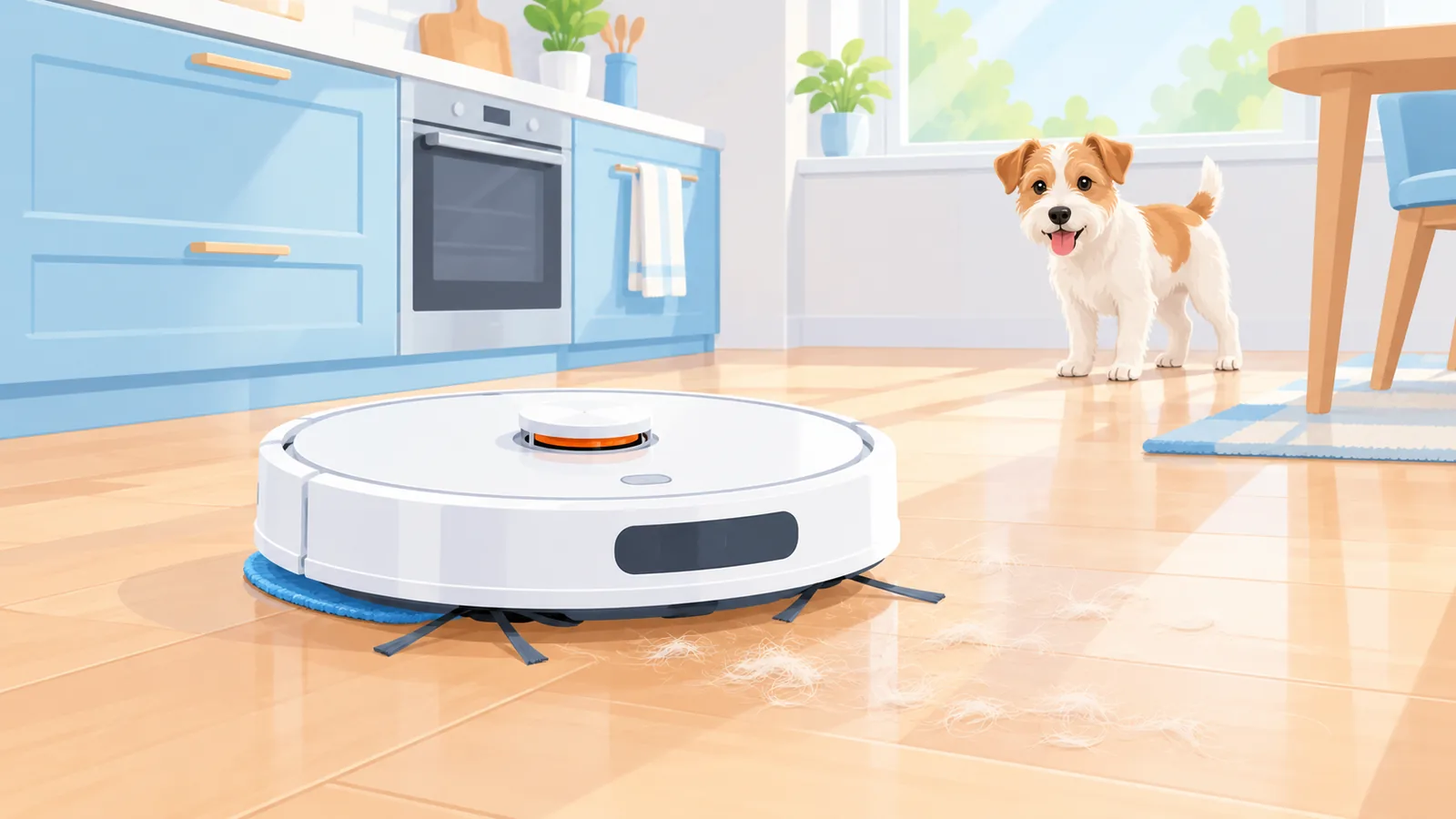 Robot sprzątający przejeżdżający z podłogi na dywan obok stacji opróżniającej