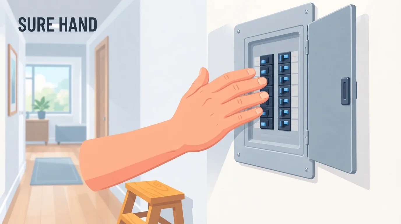 Dłoń na drzwiczkach domowej rozdzielnicy elektrycznej w jasnym korytarzu