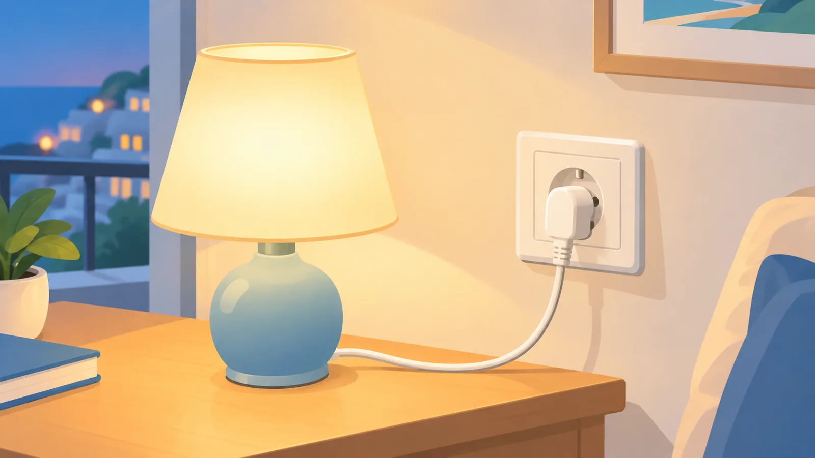 Włączona lampka przy gniazdku w wynajmowanym apartamencie wieczorem