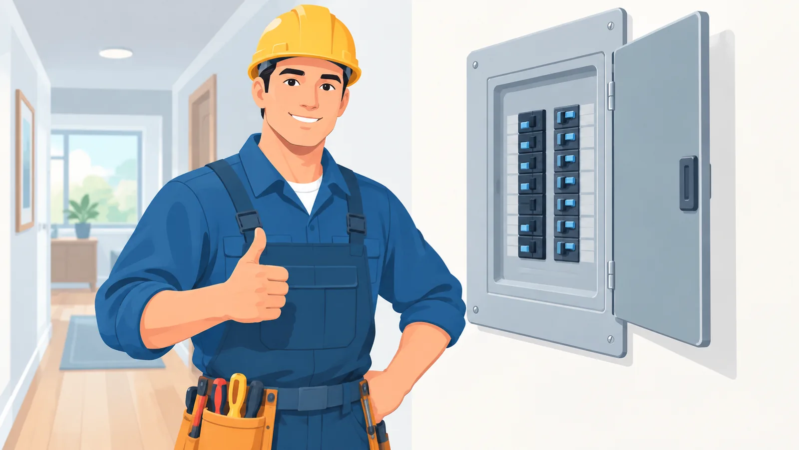 Elektryk w kasku stojący obok rozdzielnicy w nowoczesnym korytarzu