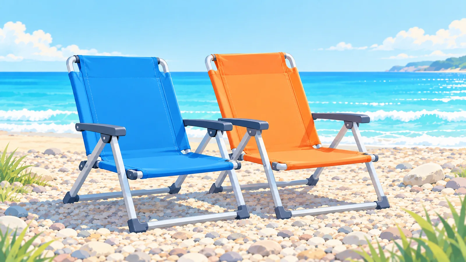 Dwa proste, budżetowe krzesła plażowe w jaskrawych kolorach na kamienistym brzegu
