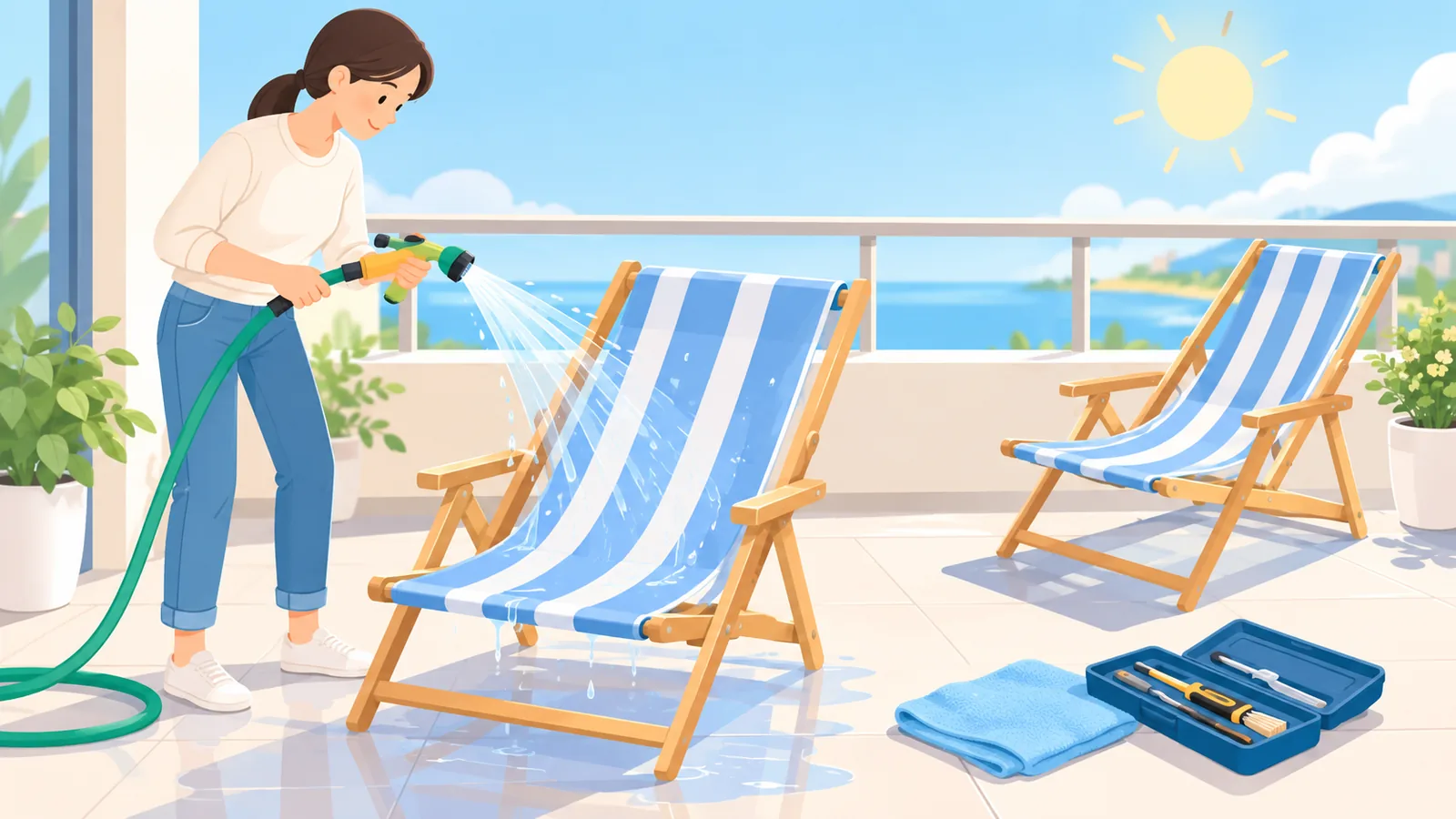 Złożone krzesła plażowe różnych rozmiarów ułożone obok siebie na jasnym piasku, widok z góry