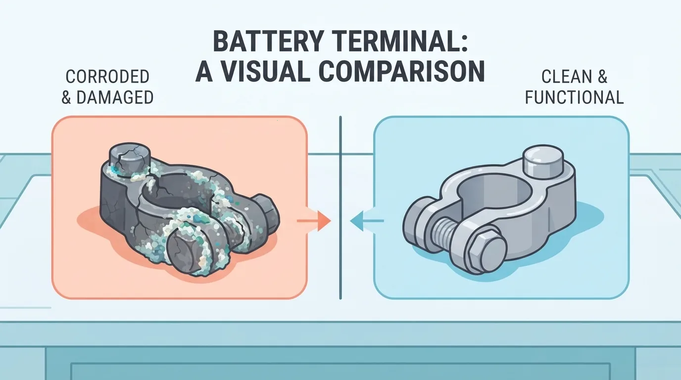 Comparação entre terminal de bateria desgastado e terminal limpo