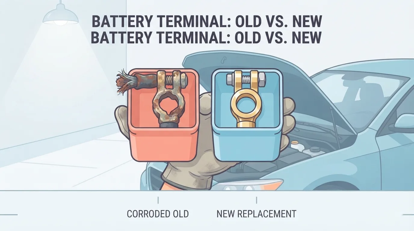 Mão comparando o terminal antigo com o terminal novo de reposição