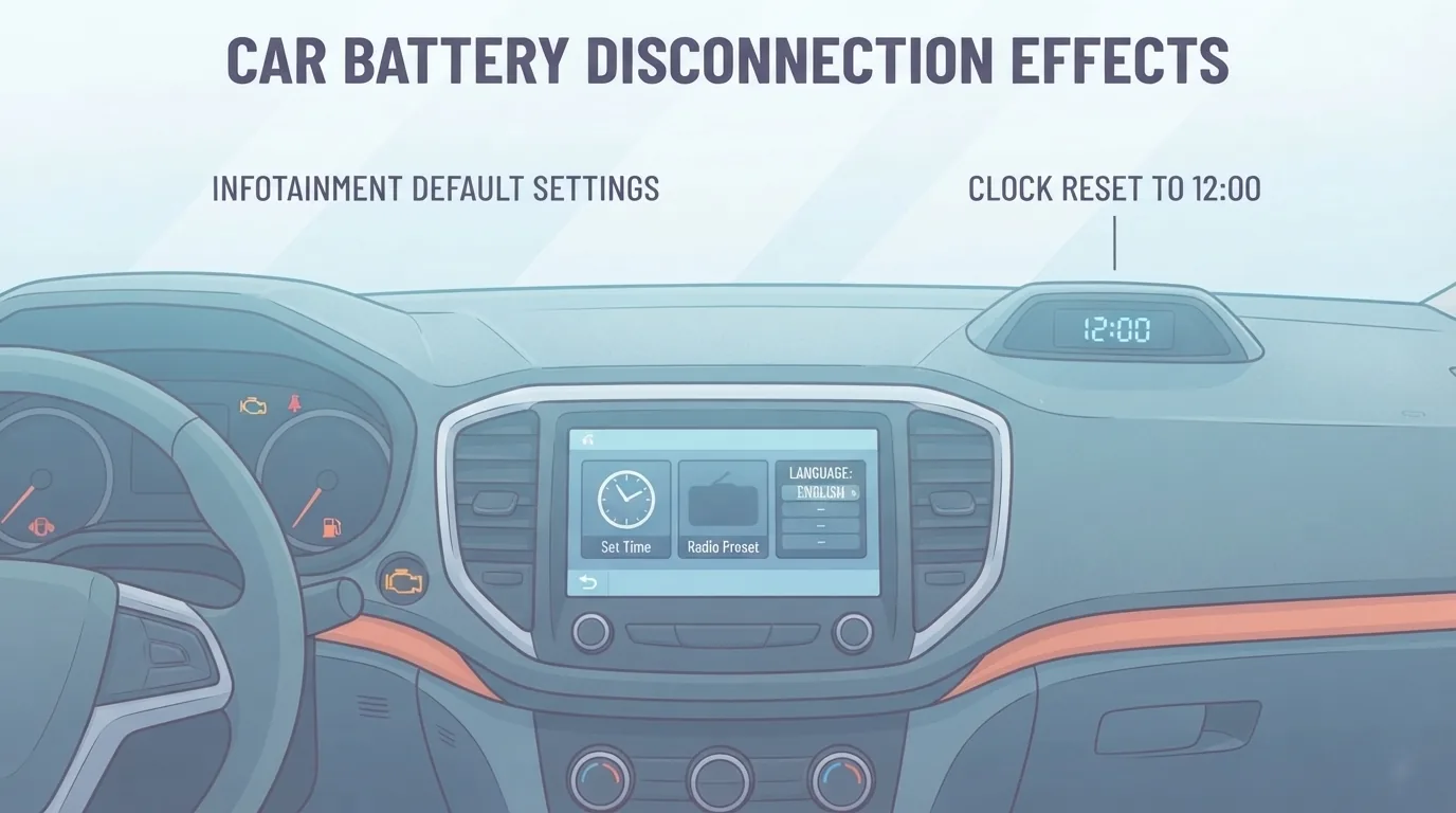Painel do carro com relógio e rádio reiniciados após desconectar a bateria