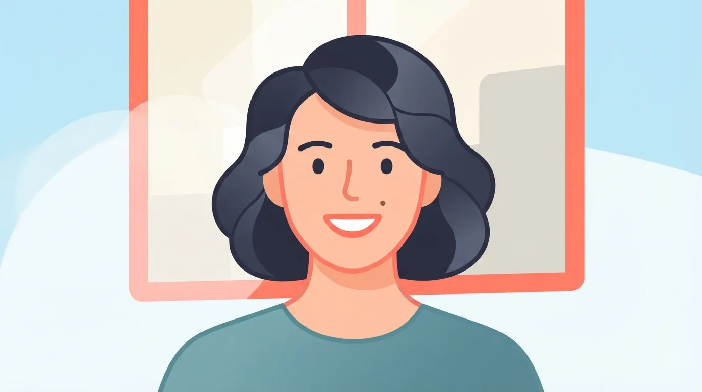Mulher sorrindo com uma pinta discreta na bochecha