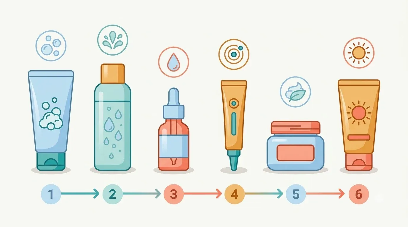Caderno, caneta e frascos de skincare sobre mesa de madeira clara