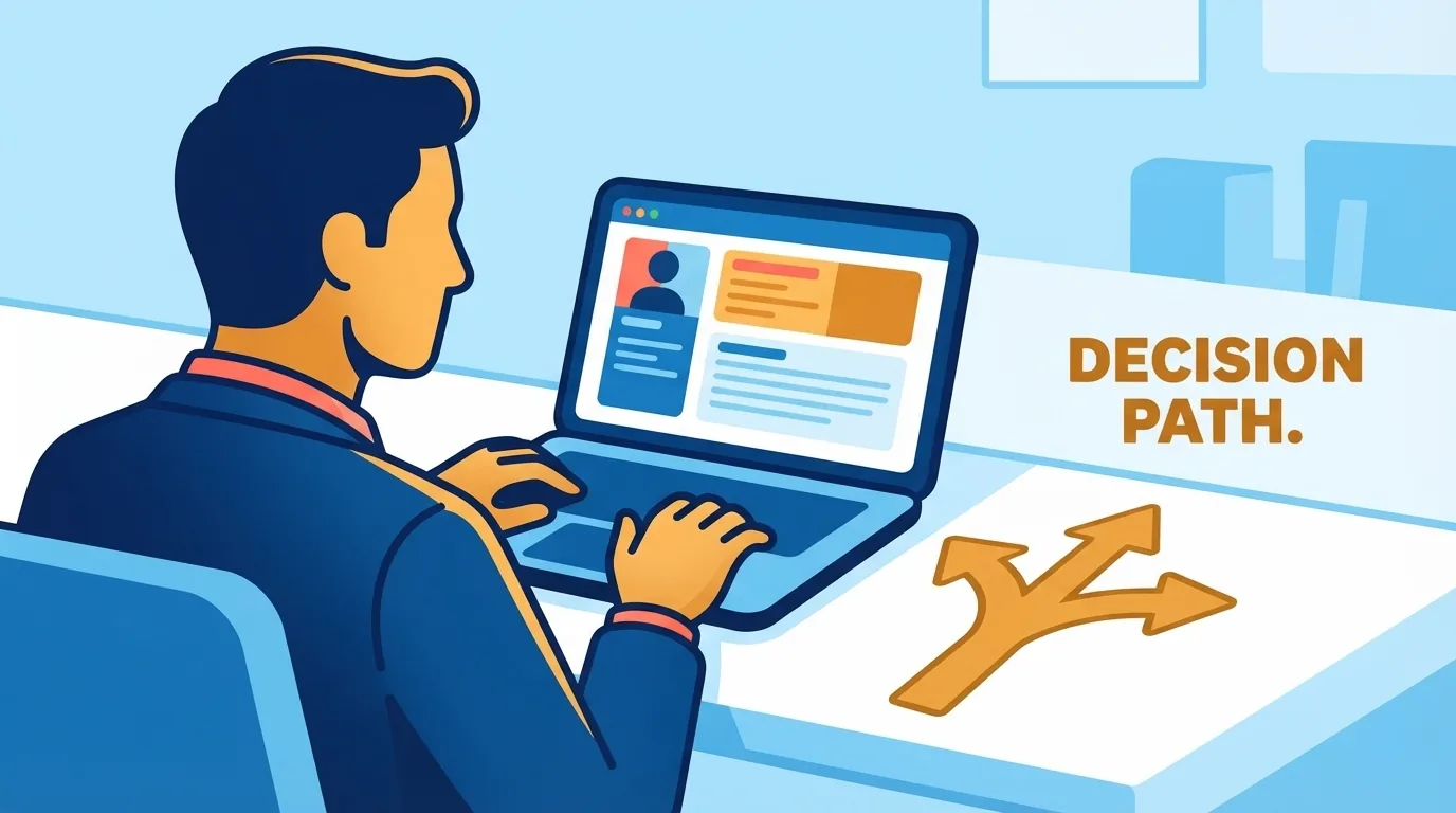 Recrutadora analisando perfis profissionais em um notebook no escritório