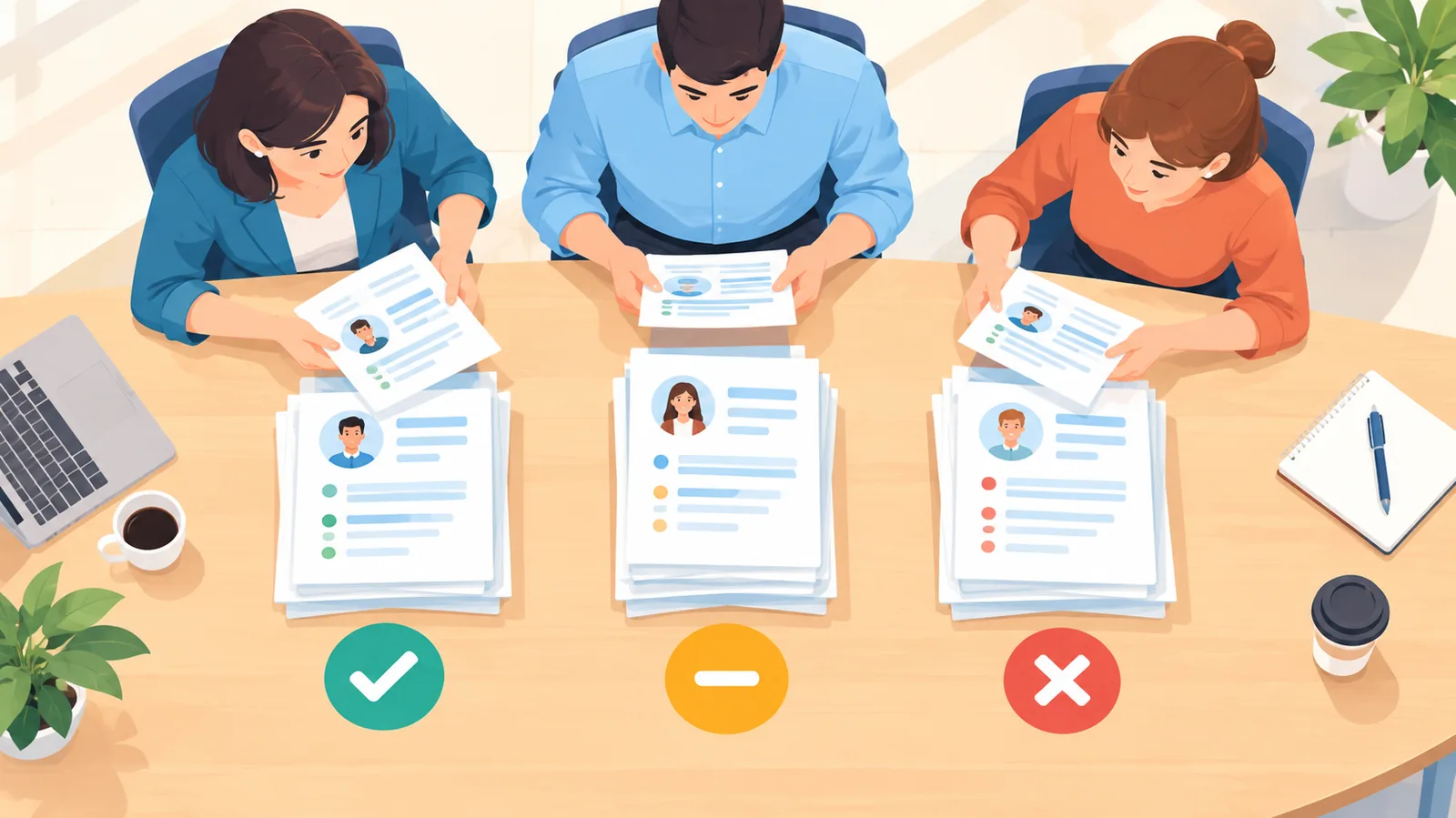 Equipe de recrutamento organizando currículos em três grupos