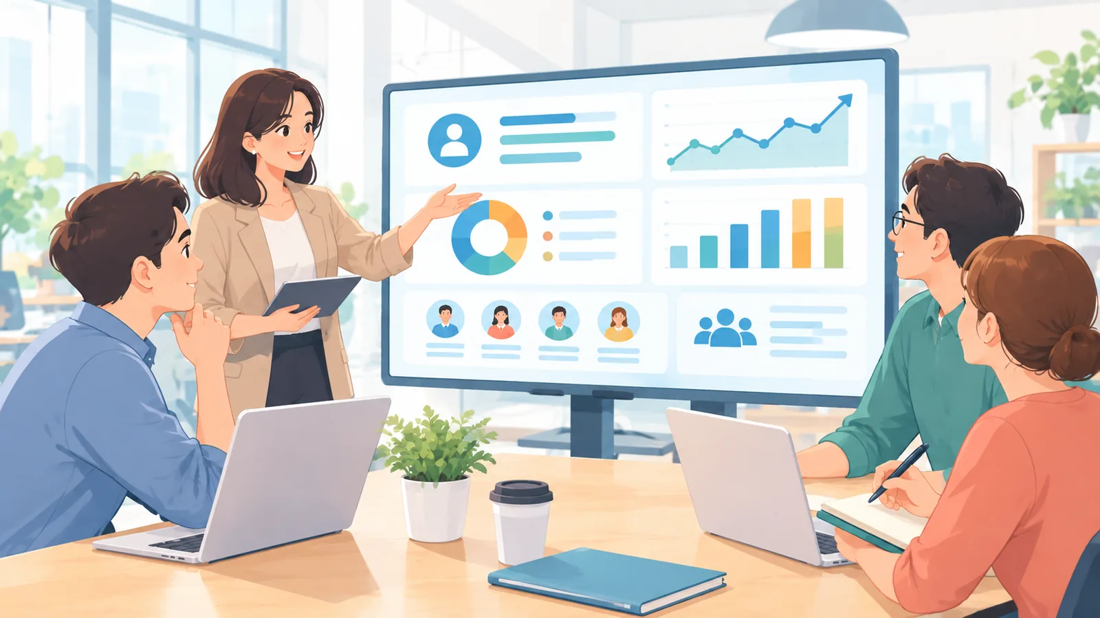 Equipe de RH trabalhando em conjunto diante de um monitor grande