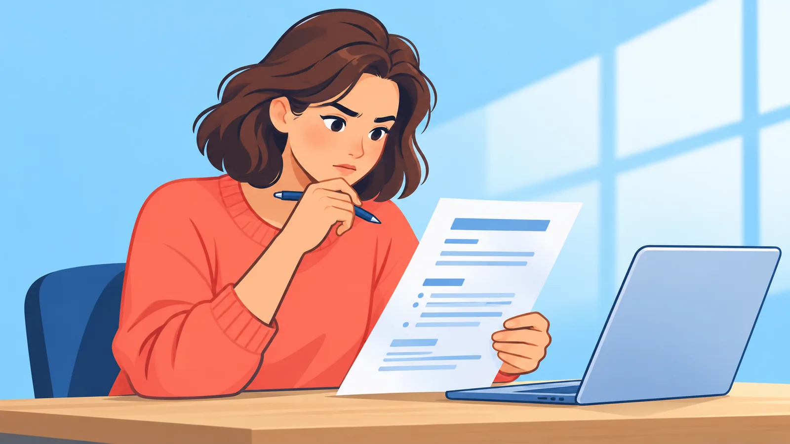 Pessoa revisando um currículo impresso em uma mesa de home office