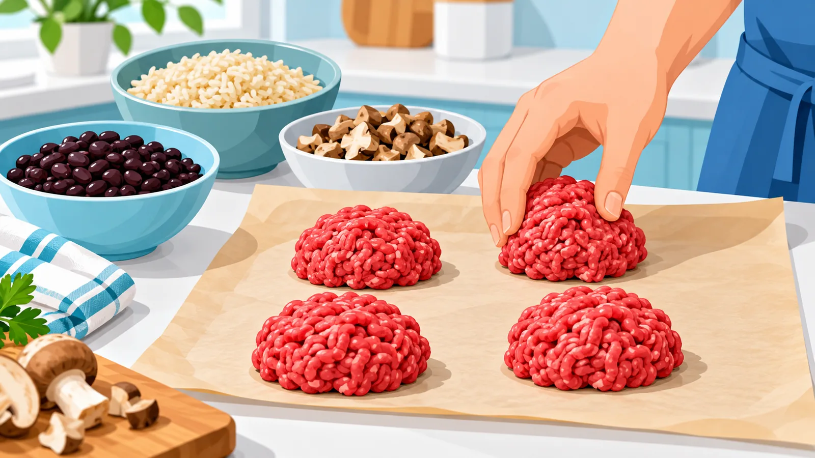 Carne moída dividida em quatro porções ao lado de feijão, arroz e cogumelos picados
