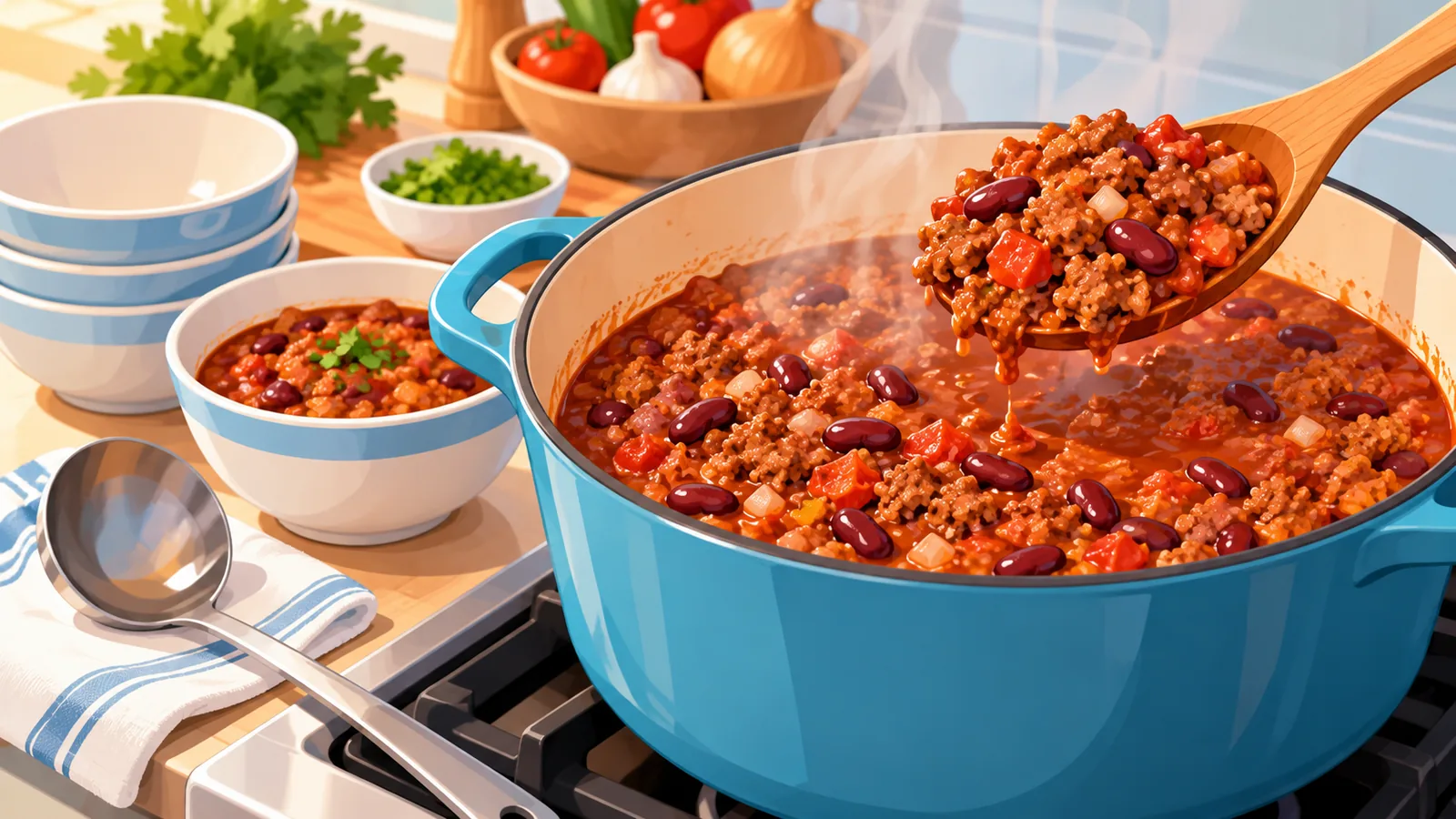 Panela de chili de carne moída com feijão fumegando no fogão