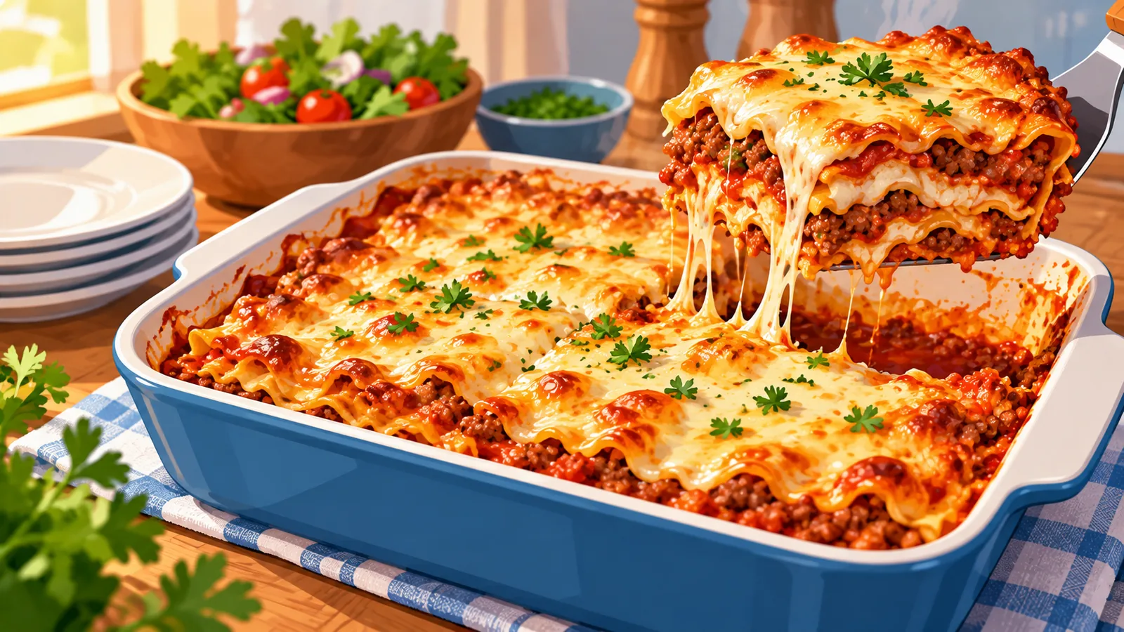 Lasanha de carne recém-saída do forno com queijo derretido