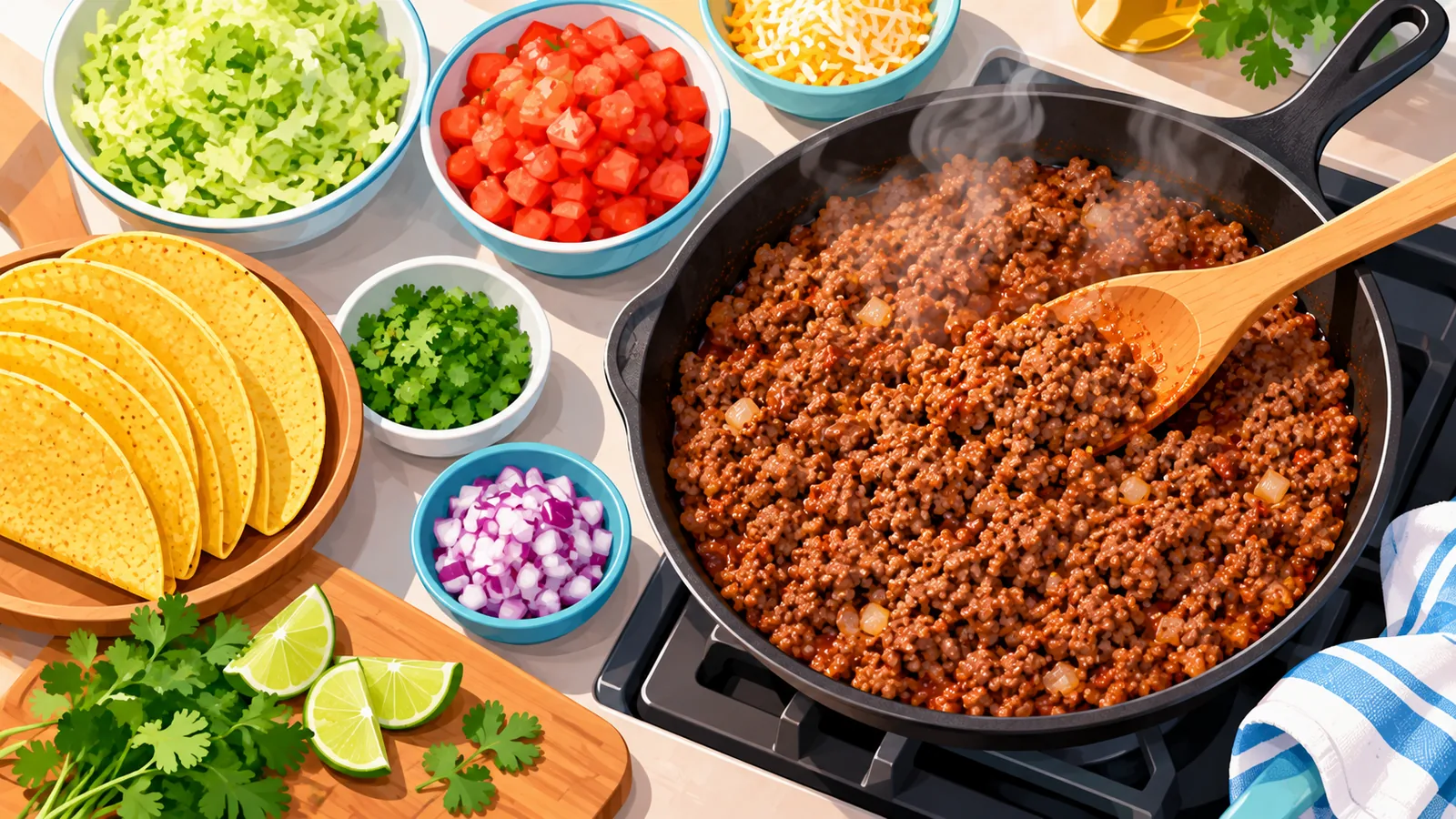 Frigideira de ferro com carne moída temperada ao lado de tacos e vegetais