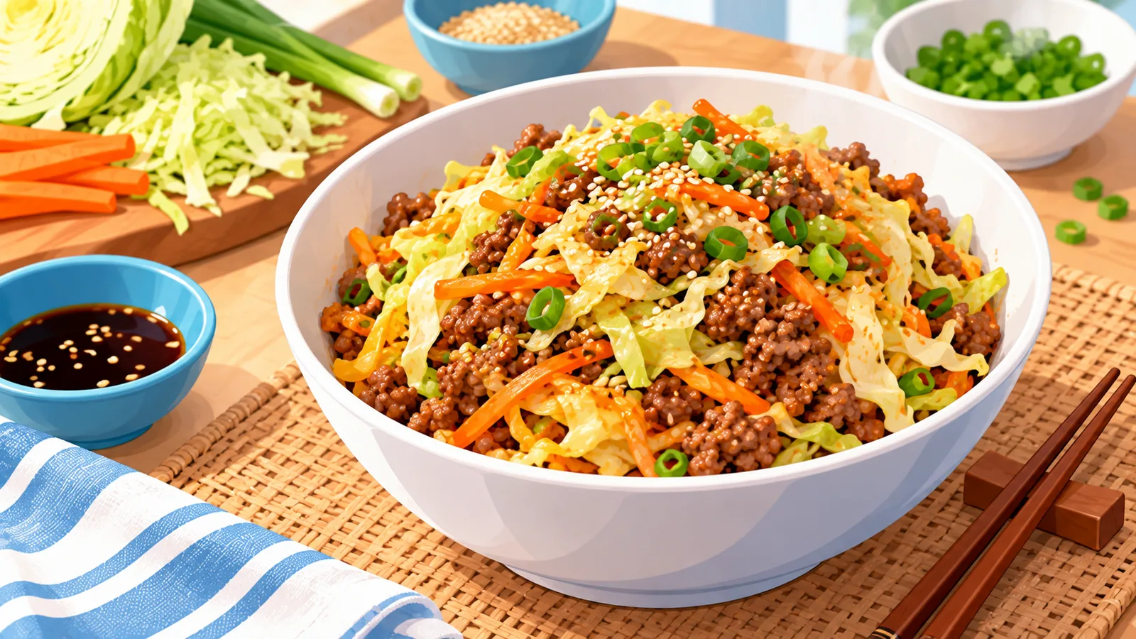 Tigela estilo egg roll com carne moída, repolho e cenoura