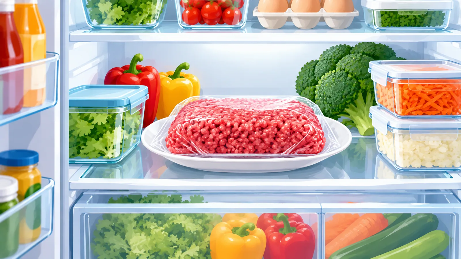 Carne moída descongelando em um prato dentro da geladeira