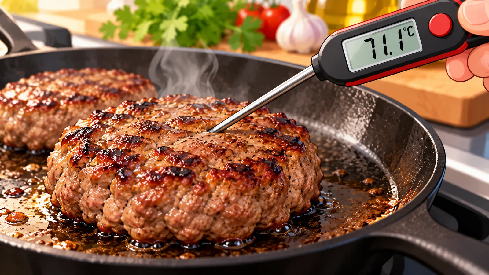 Termômetro culinário medindo a temperatura no centro de um hambúrguer