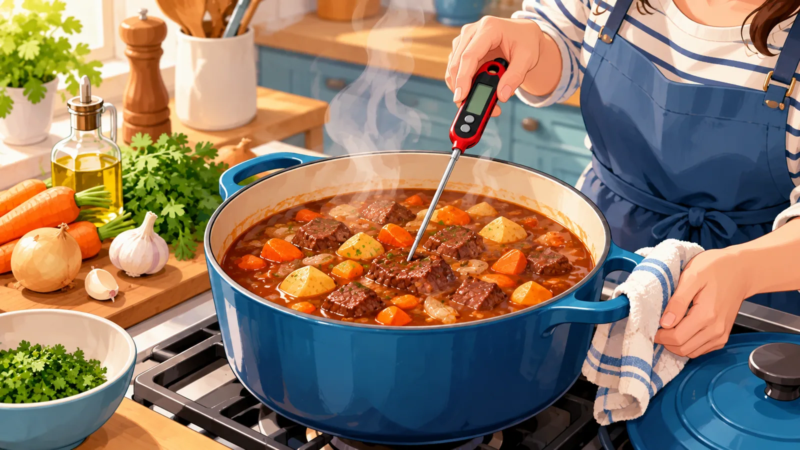Cozinheiro conferindo a temperatura de uma panela funda com termômetro de sonda longa