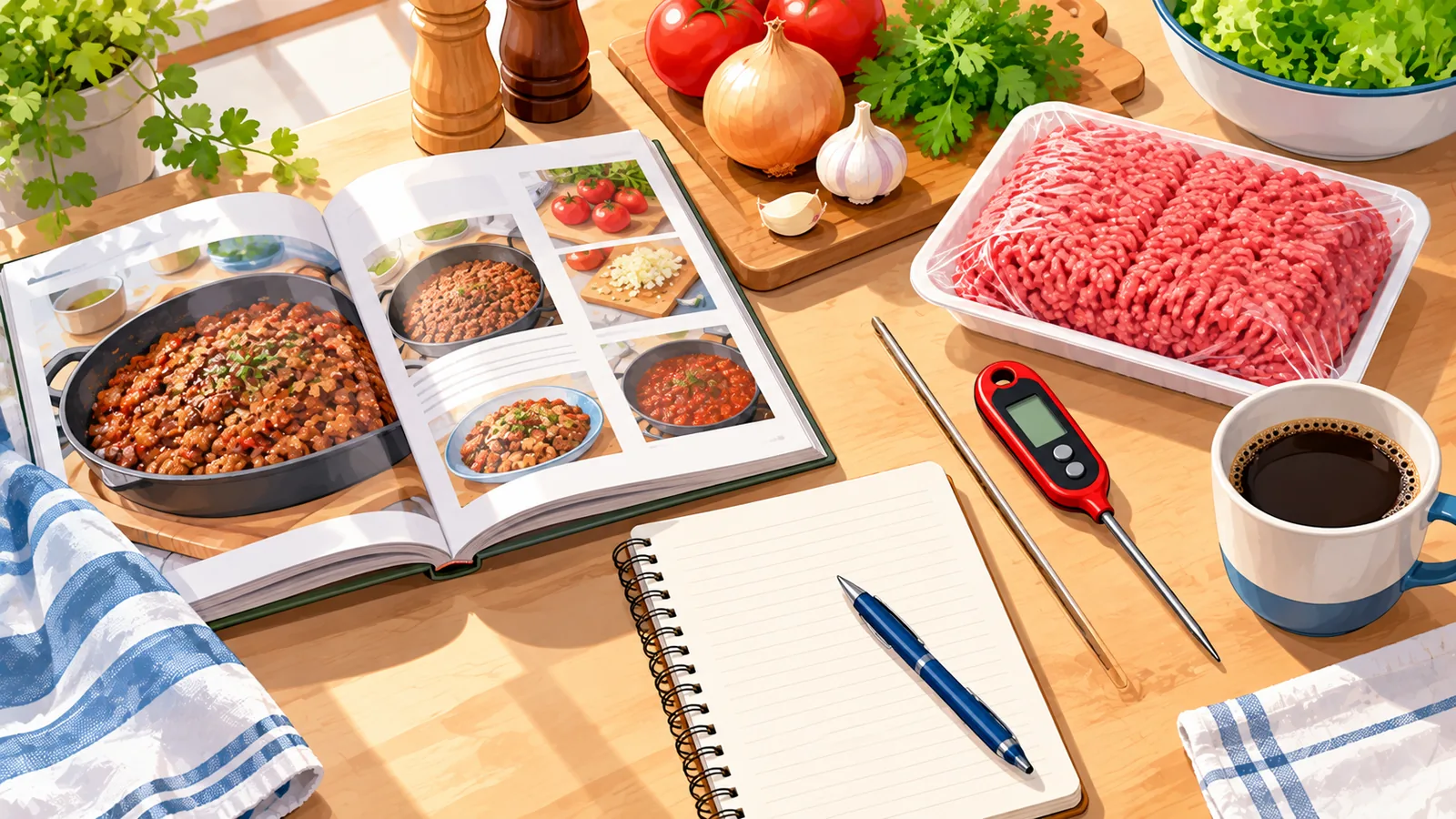 Mesa de cozinha com caderno, carne moída e termômetro para planejar o preparo