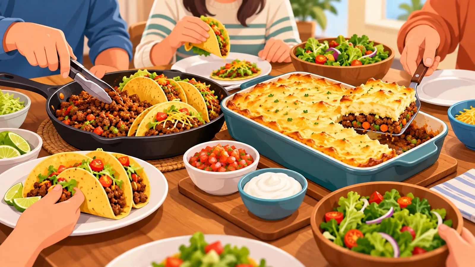 Mesa de jantar em família com tacos de carne, torta de carne e saladas