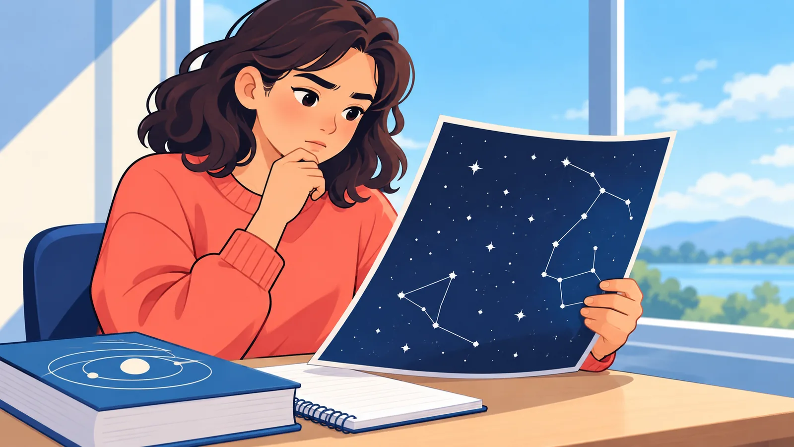 Estudante concluinte do ensino médio com livro de física e mapa do céu noturno sobre a mesa