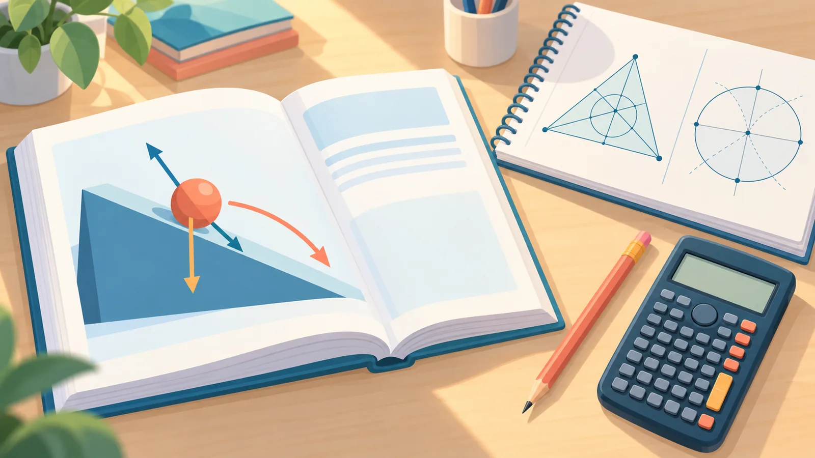 Mesa de estudante com livros de física e matemática, calculadora e lápis