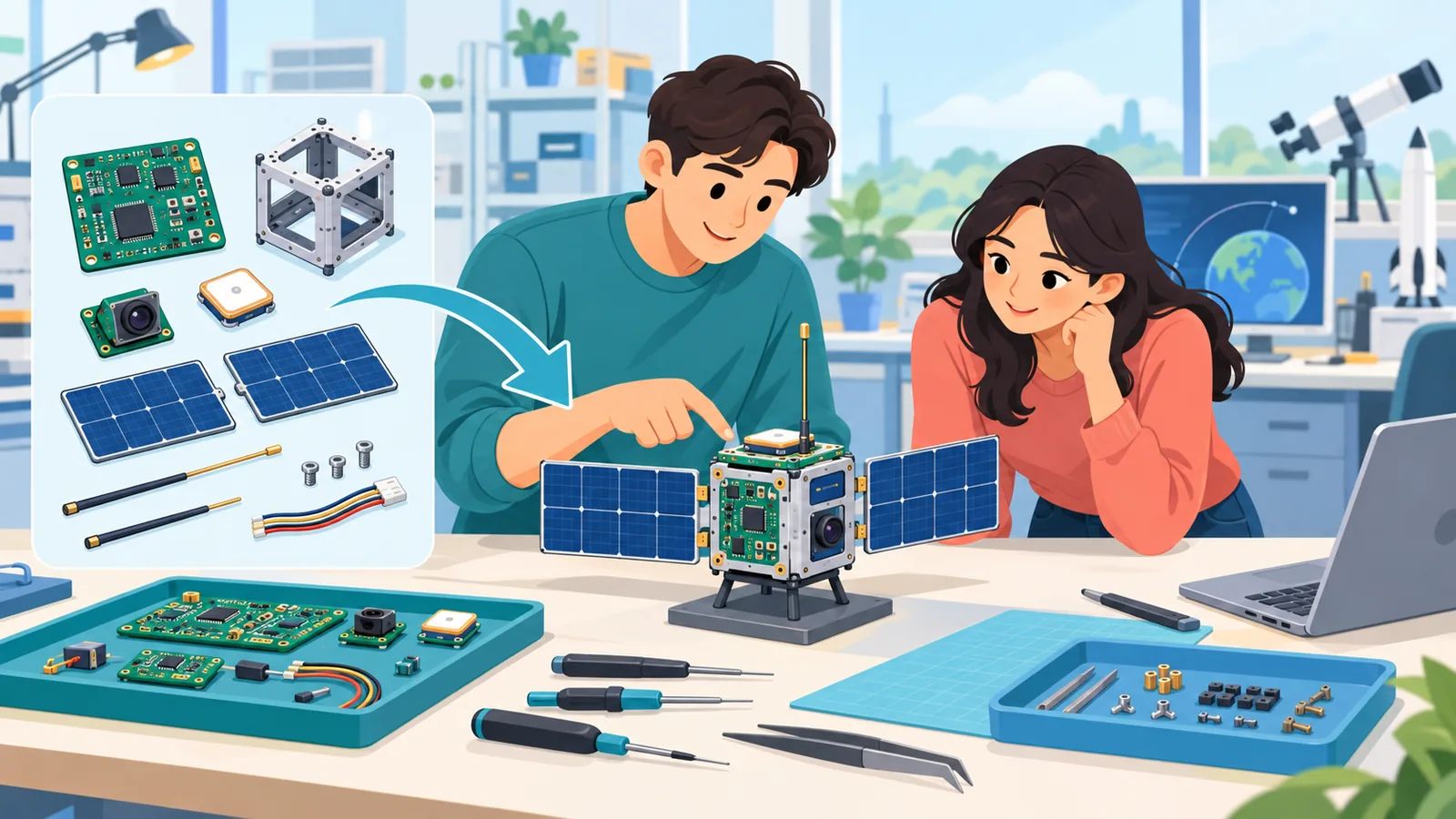Dois estudantes examinando um modelo de satélite em bancada de laboratório de engenharia