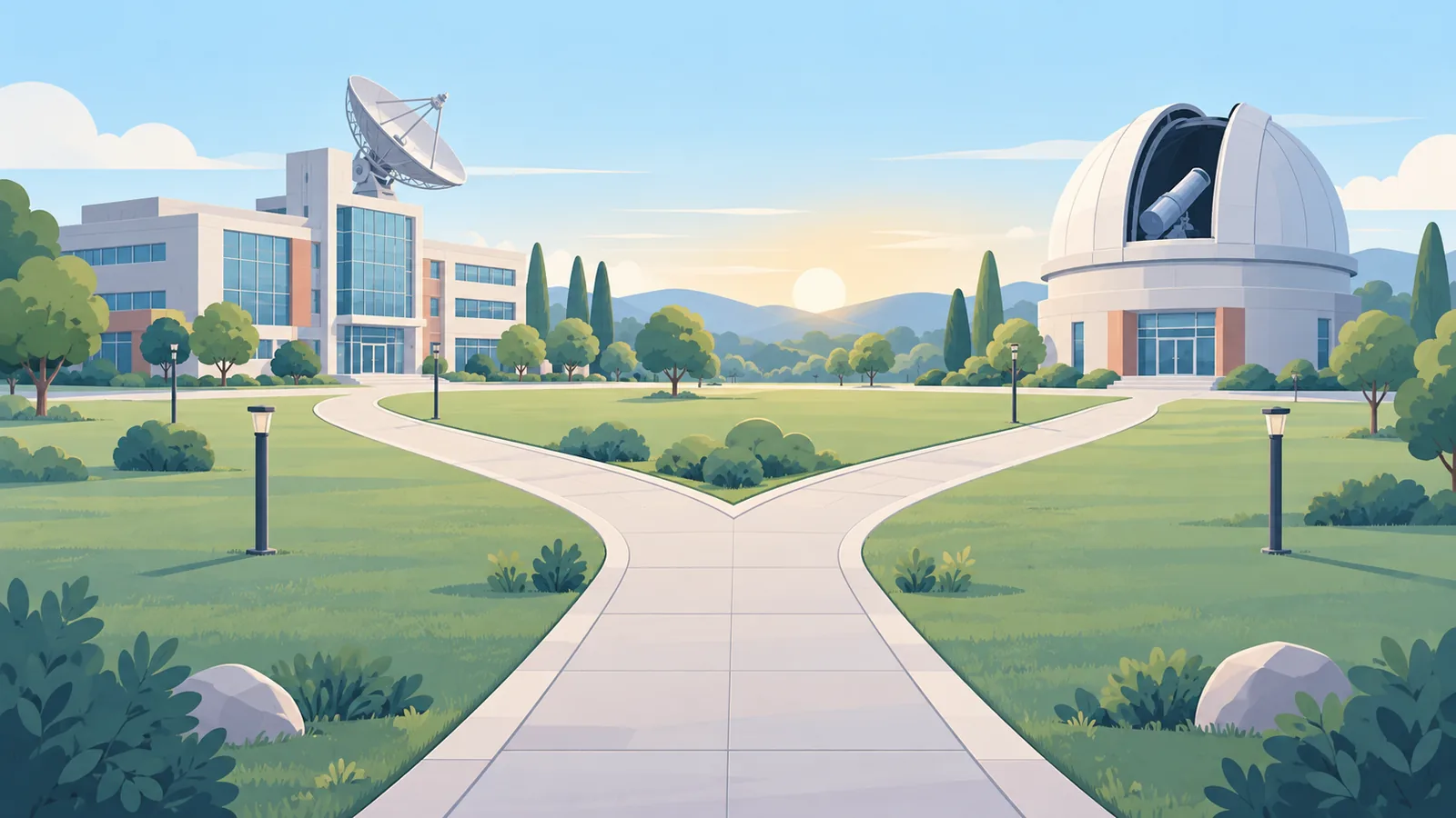 Dois caminhos em um campus, um para o prédio de engenharia e outro para um observatório