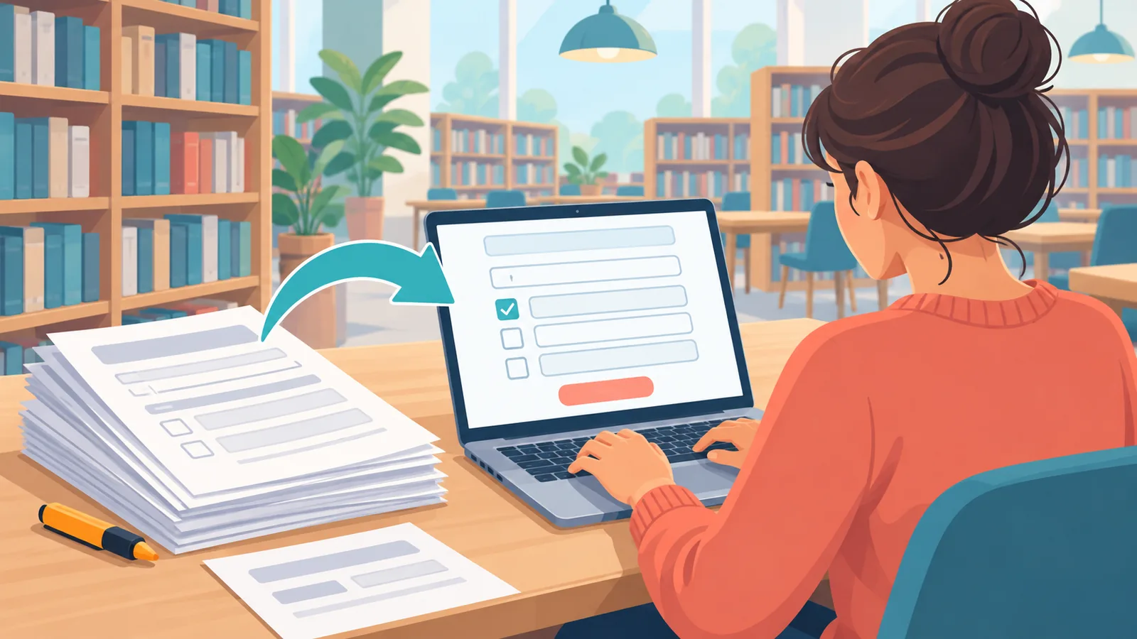 Estudante preenchendo formulário de inscrição no computador em uma biblioteca