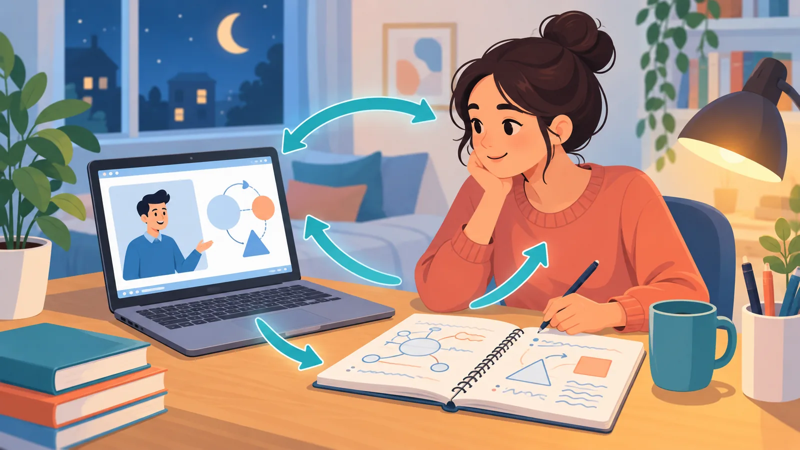 Jovem assistindo a uma aula online em casa com anotações ao lado do notebook