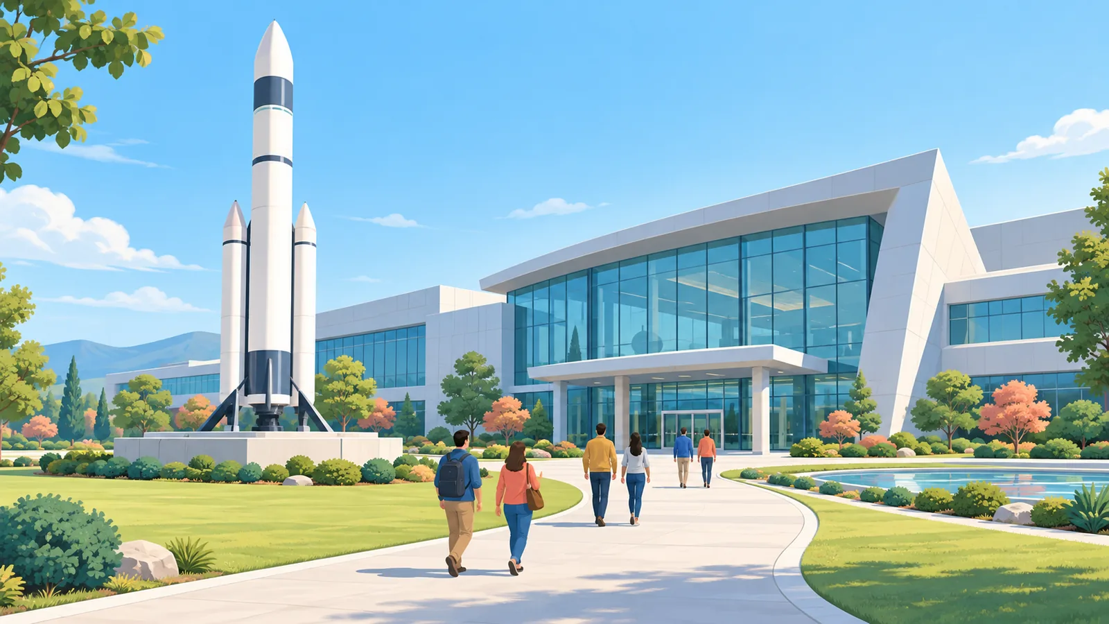 Prédio de uma agência espacial com modelo de foguete no gramado