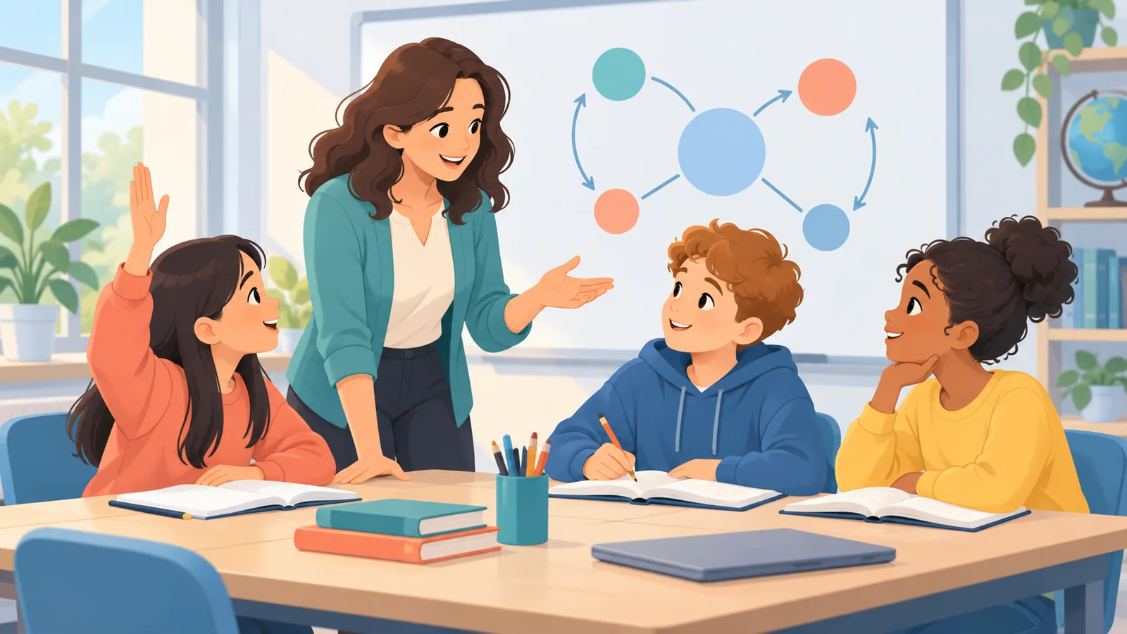 Mentor respondendo dúvidas de um grupo de estudantes em uma sala de aula