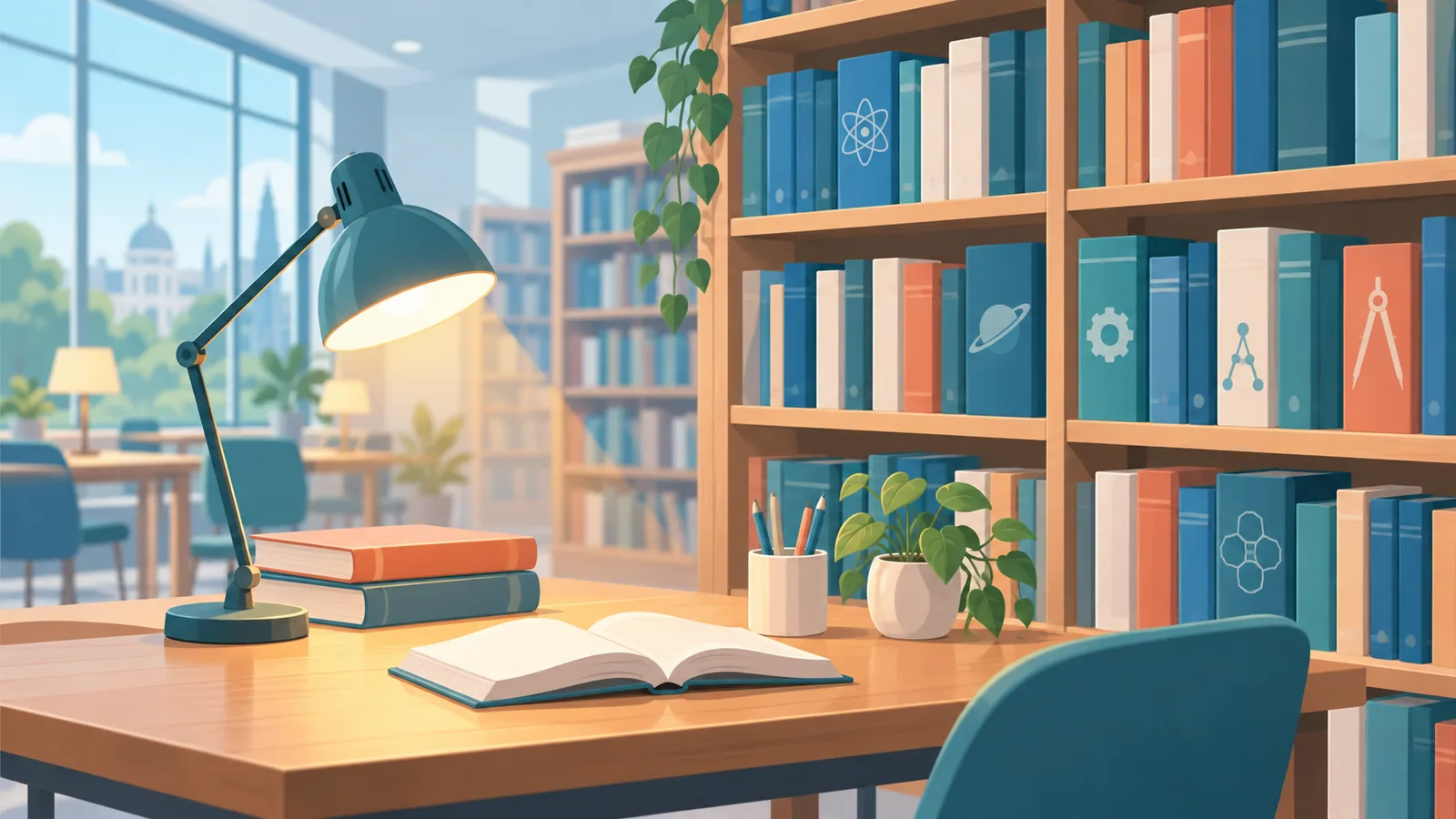 Estante de biblioteca universitária com livros de ciências e engenharia
