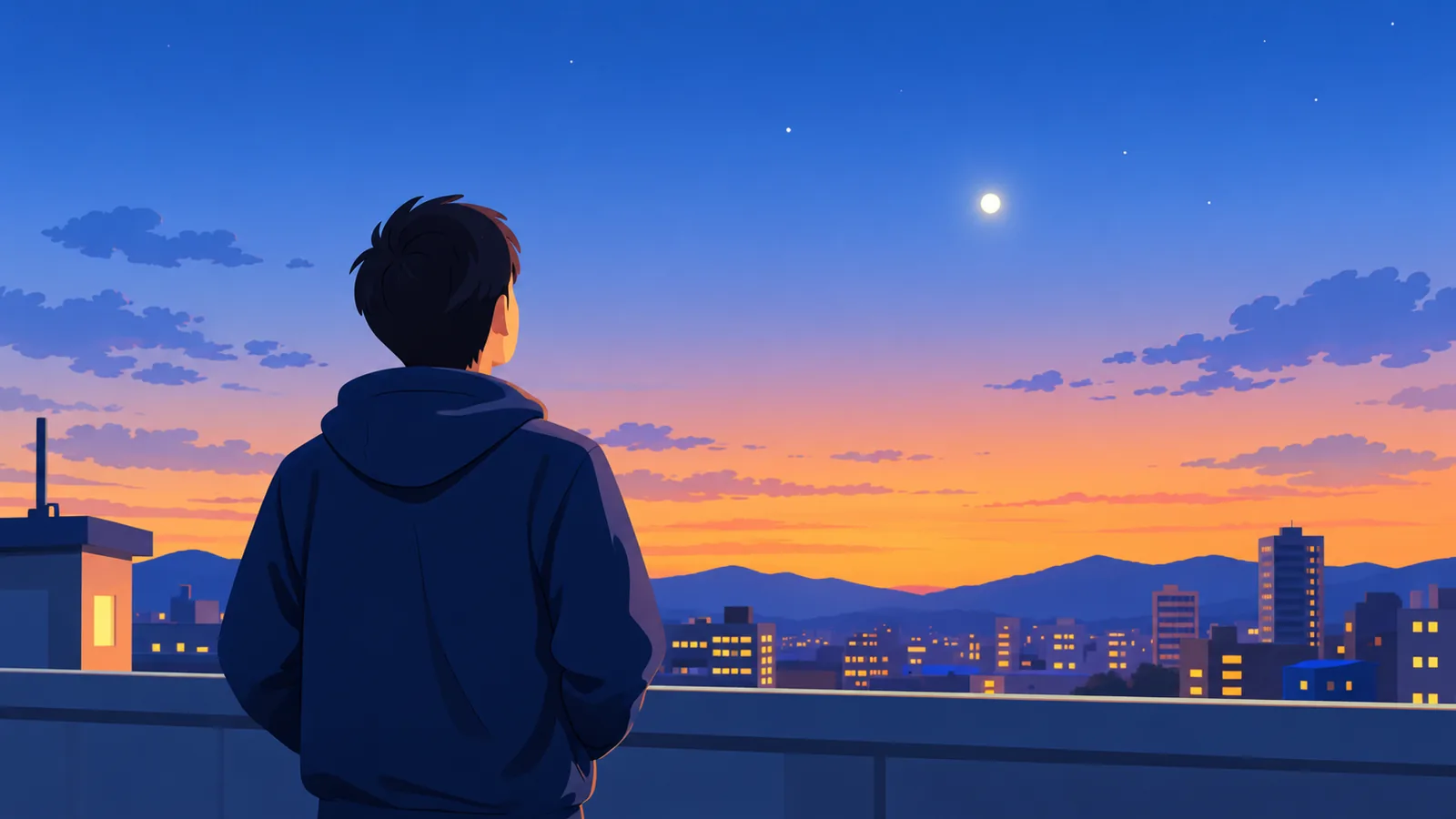 Pessoa em um terraço ao entardecer olhando para um planeta brilhante no céu