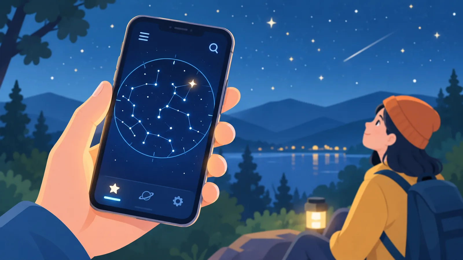 Mão segurando um celular com um mapa estelar aberto durante a noite