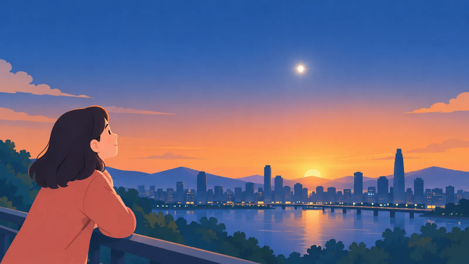 Ponto brilhante no céu logo após o pôr do Sol sobre a silhueta de uma cidade